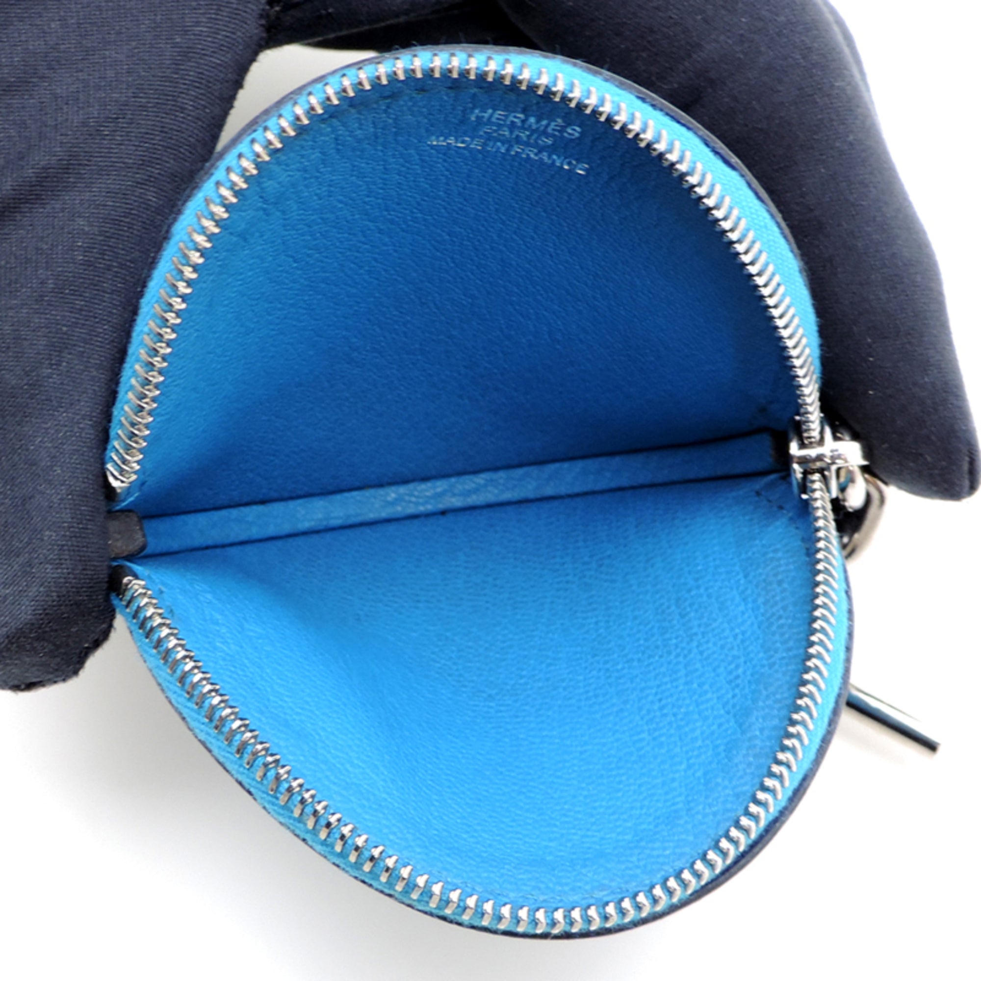 Hermes Silver Blue Chevre Leather Metal Coin Purse/Coin Case (Pre-Owned)