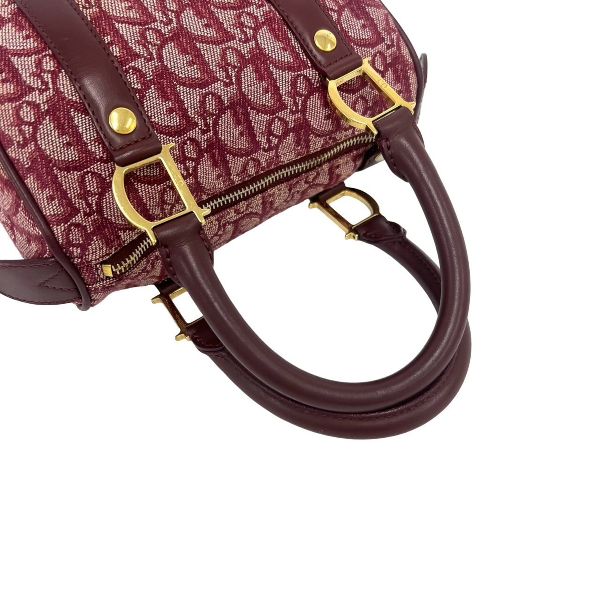 Christian Dior Red Color Wine Canvas Leather Boston Bag Handbag (Pre-Owned)