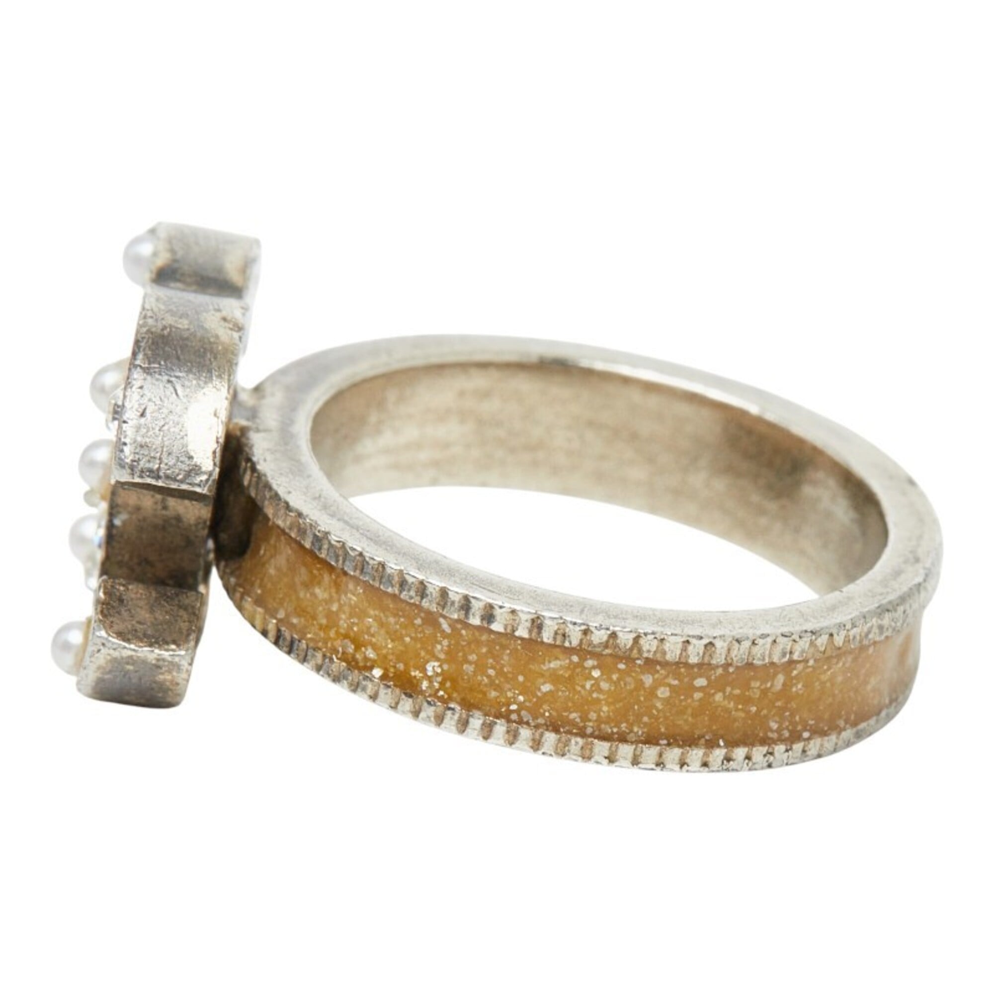 Chanel Silver White Metal Rhinestone Band Ring (Pre-Owned)