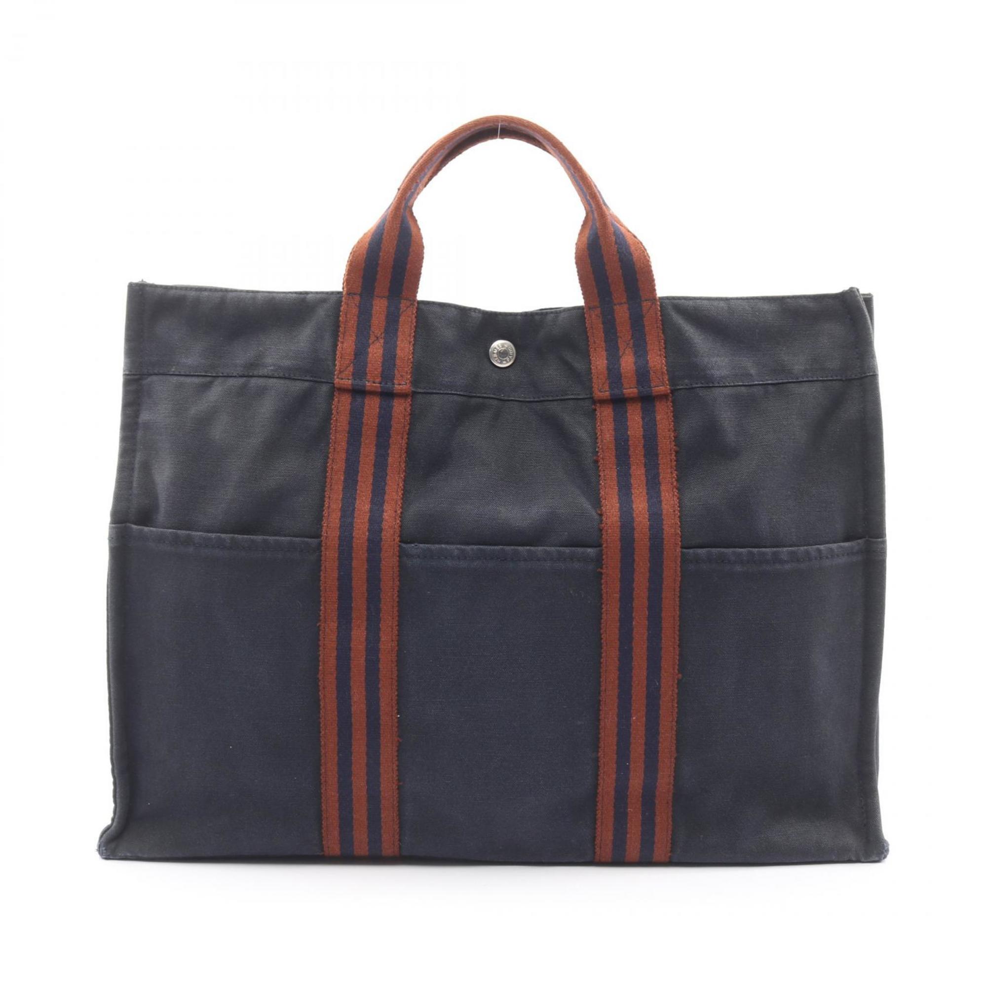 Hermes Brown Navy Canvas Tote Bag (Pre-Owned)