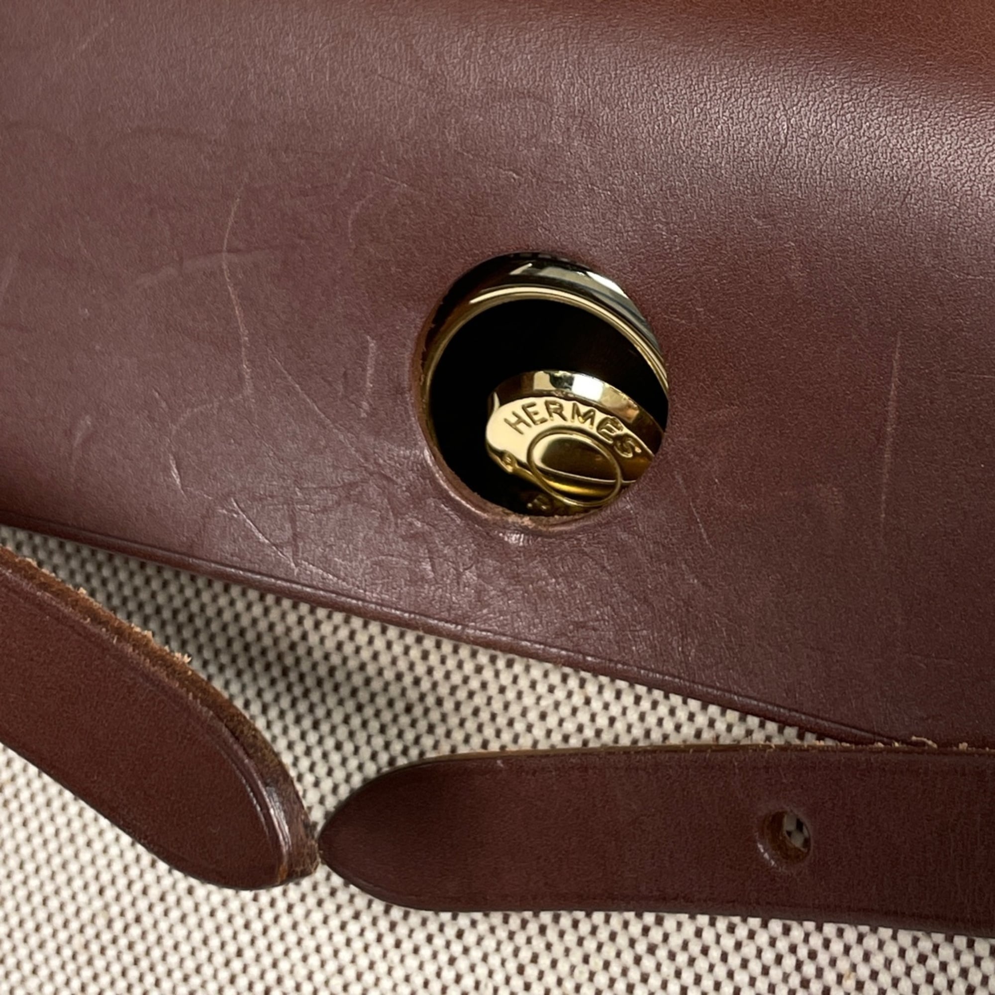 Hermes Her Bag Brown Natural Toile H Toile Officier Leather Handbag Shoulder Bag (Pre-Owned)