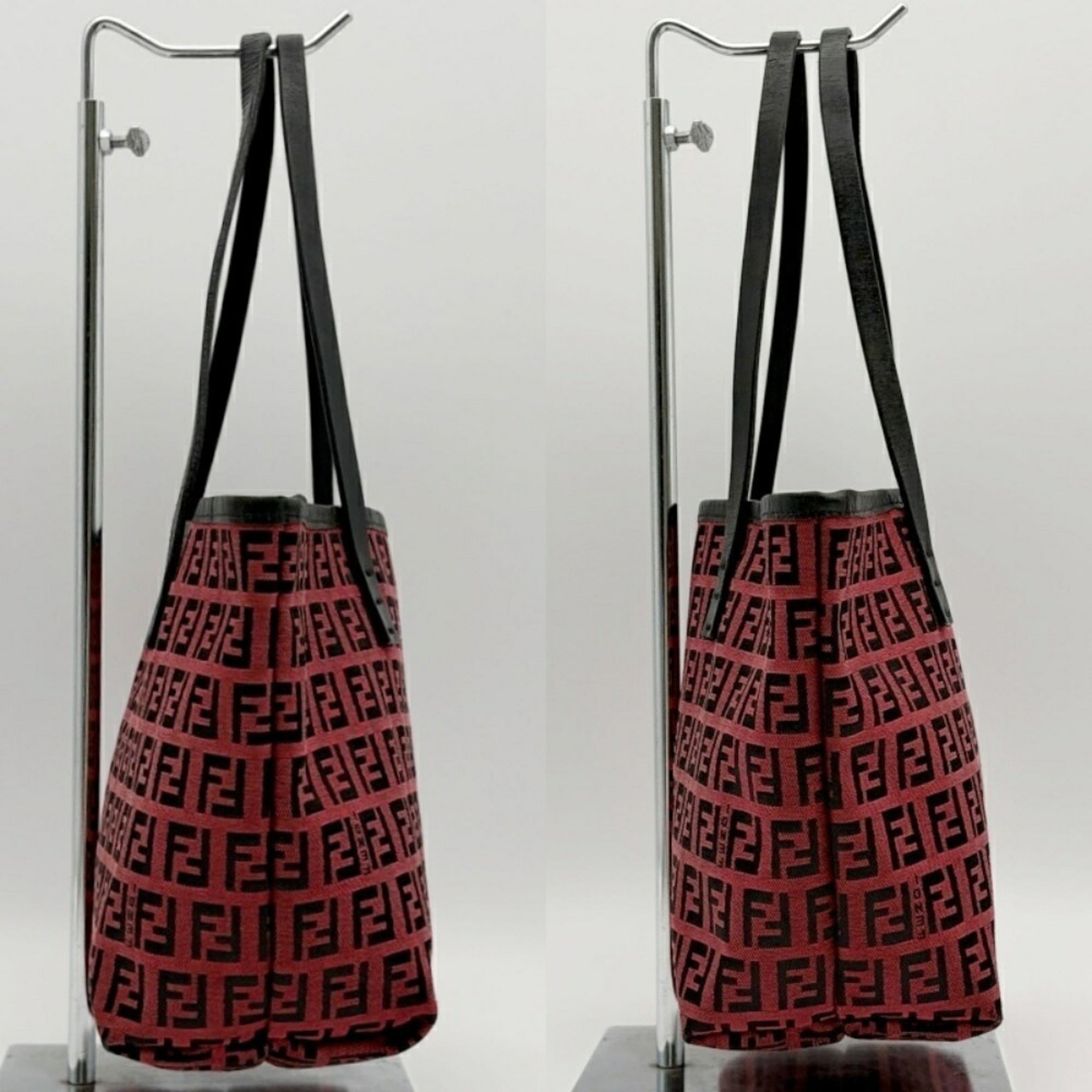 Fendi Black Red Color Canvas Leather Tote Bag (Pre-Owned)