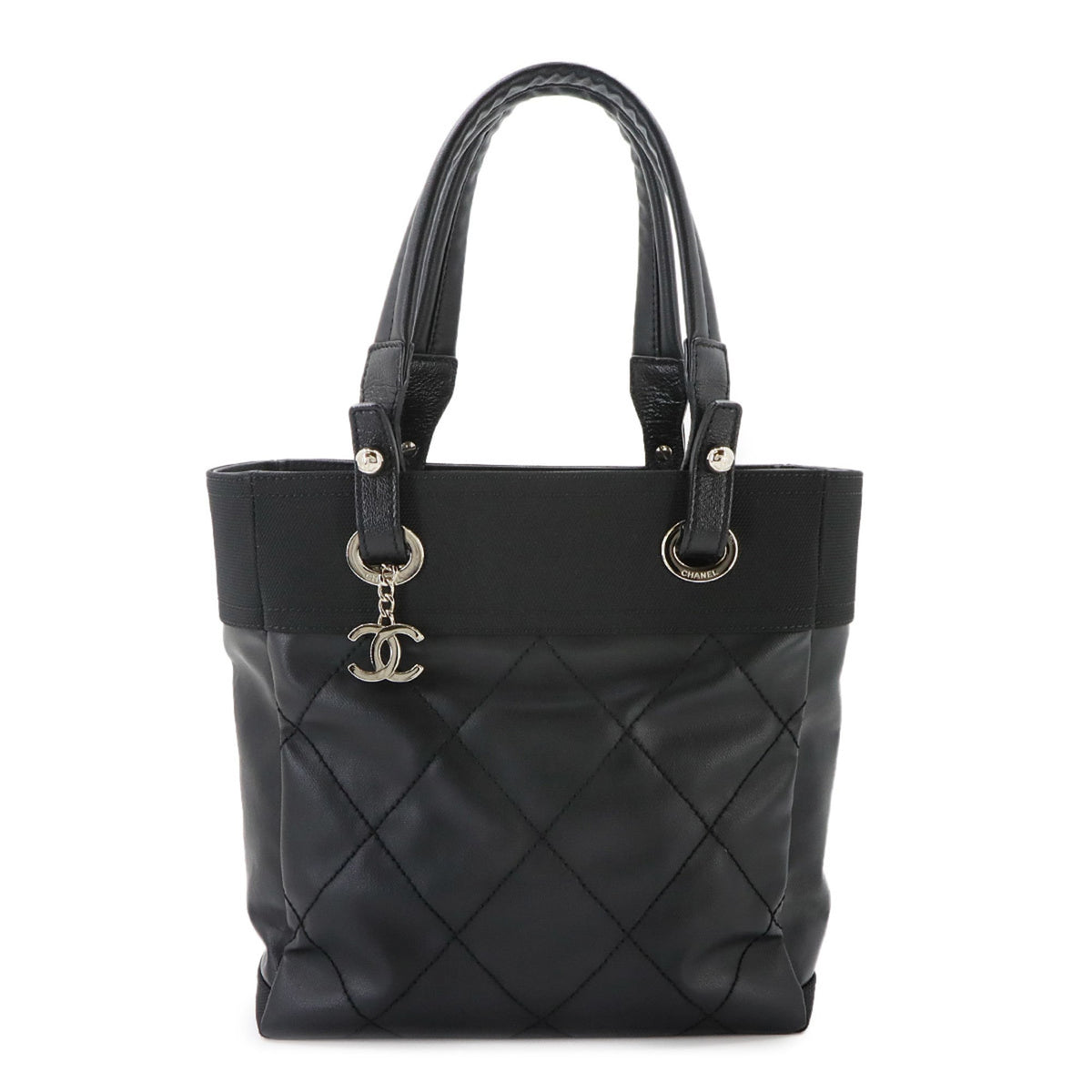 Chanel Paris Biarritz Black Nylon Pvc Leather Handbag Tote Bag (Pre-Owned)