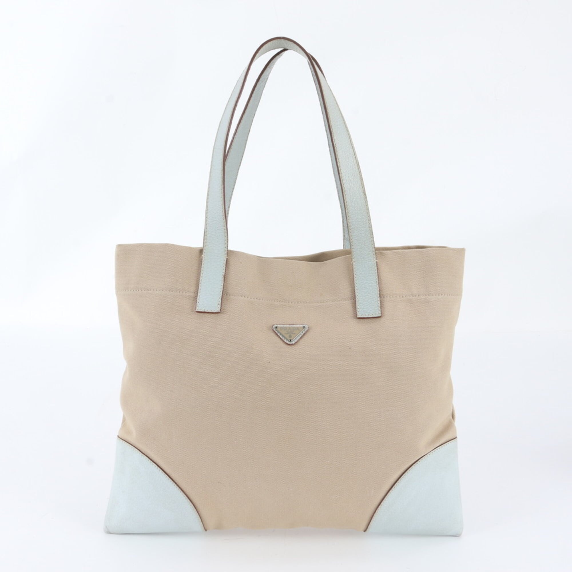 Prada Beige Blue Leather Canvas Handbag Tote Bag (Pre-Owned)