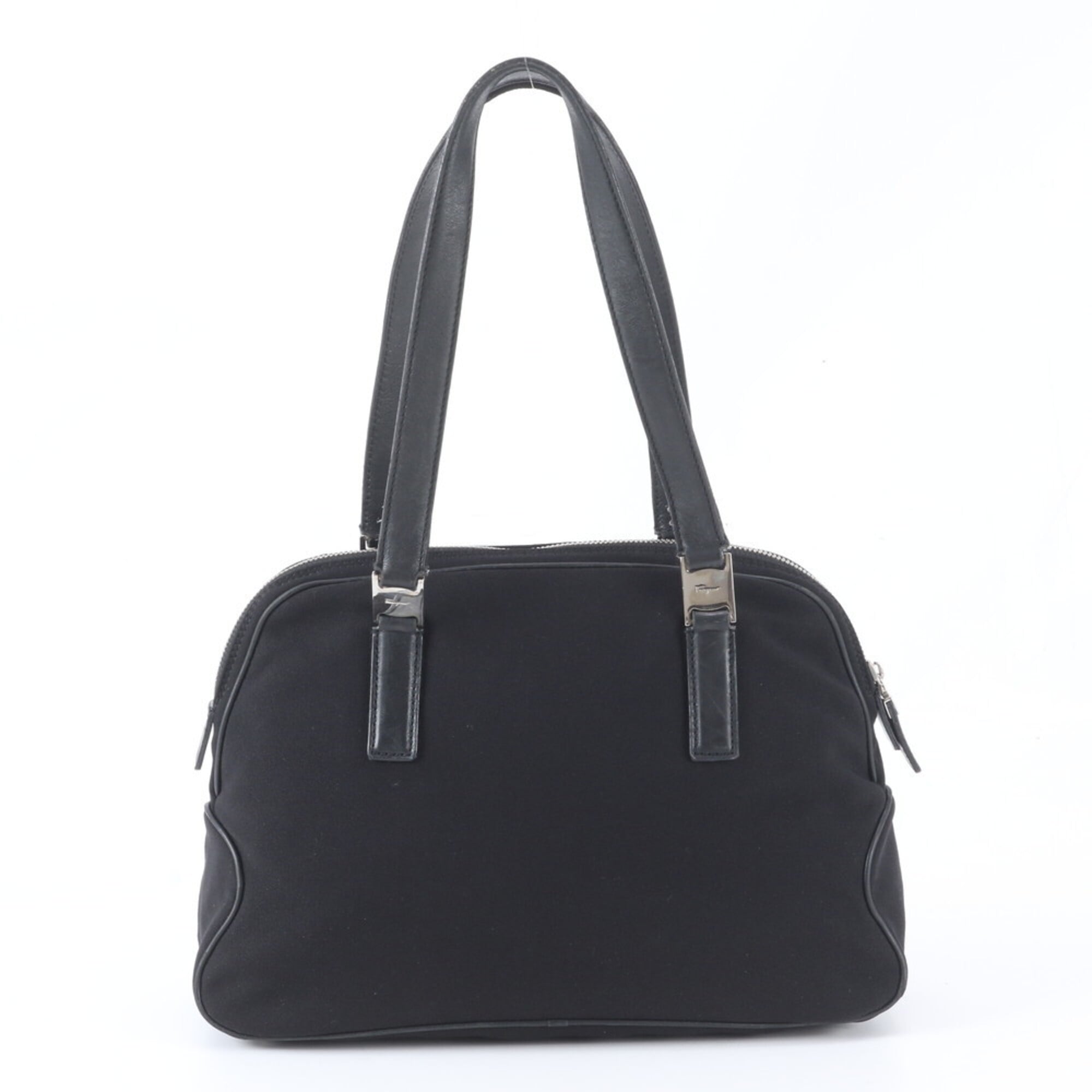 Salvatore Ferragamo Vara Black Leather Canvas Shoulder Bag Tote Bag (Pre-Owned)