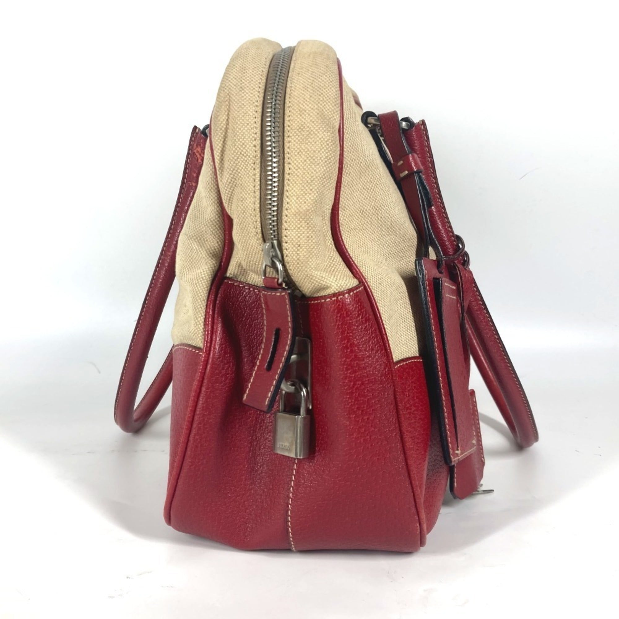 Prada Beige Red Color Leather Canvas Boston Bag Shoulder Bag (Pre-Owned)