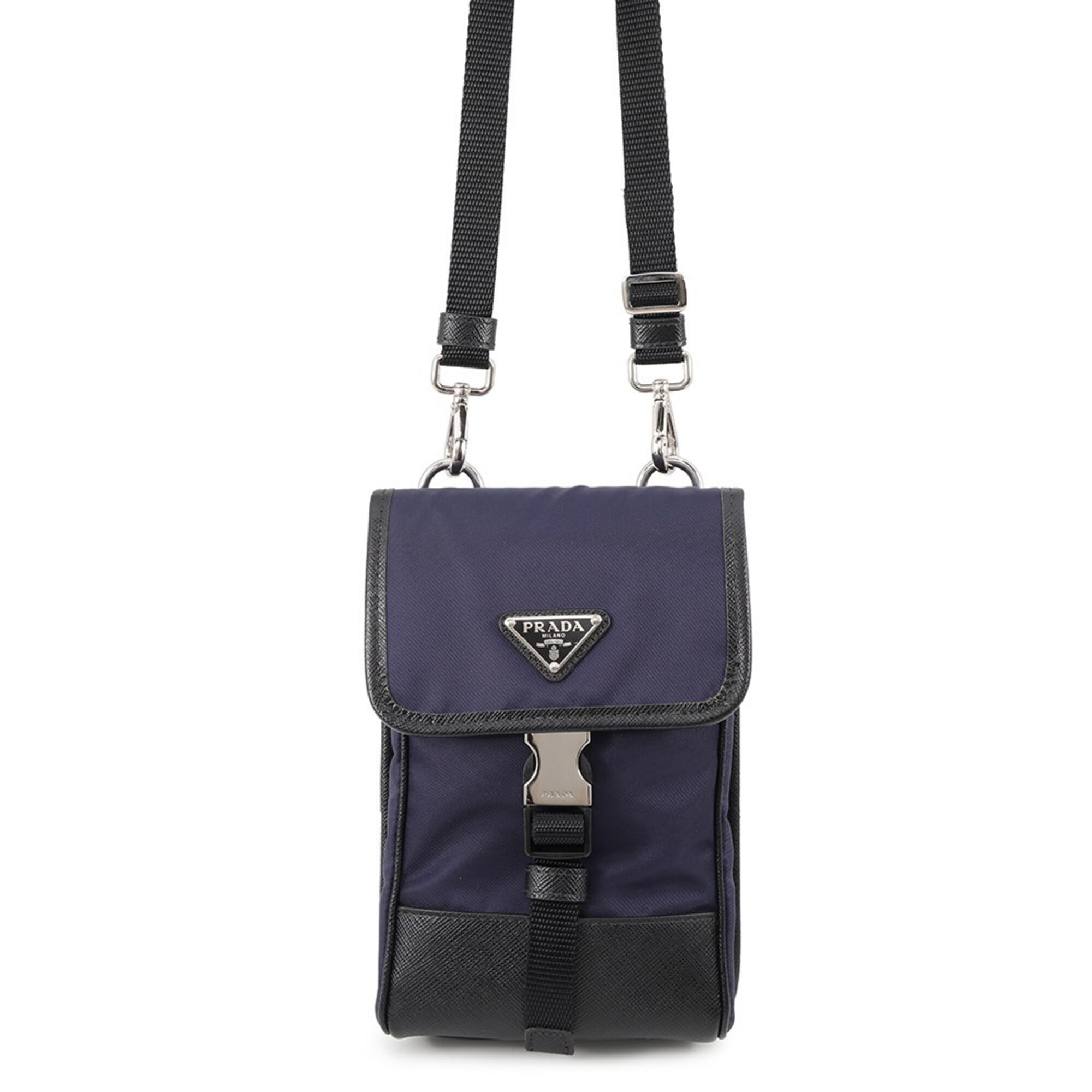 Prada Black Navy Canvas Leather Handbag Shoulder Bag (Pre-Owned)