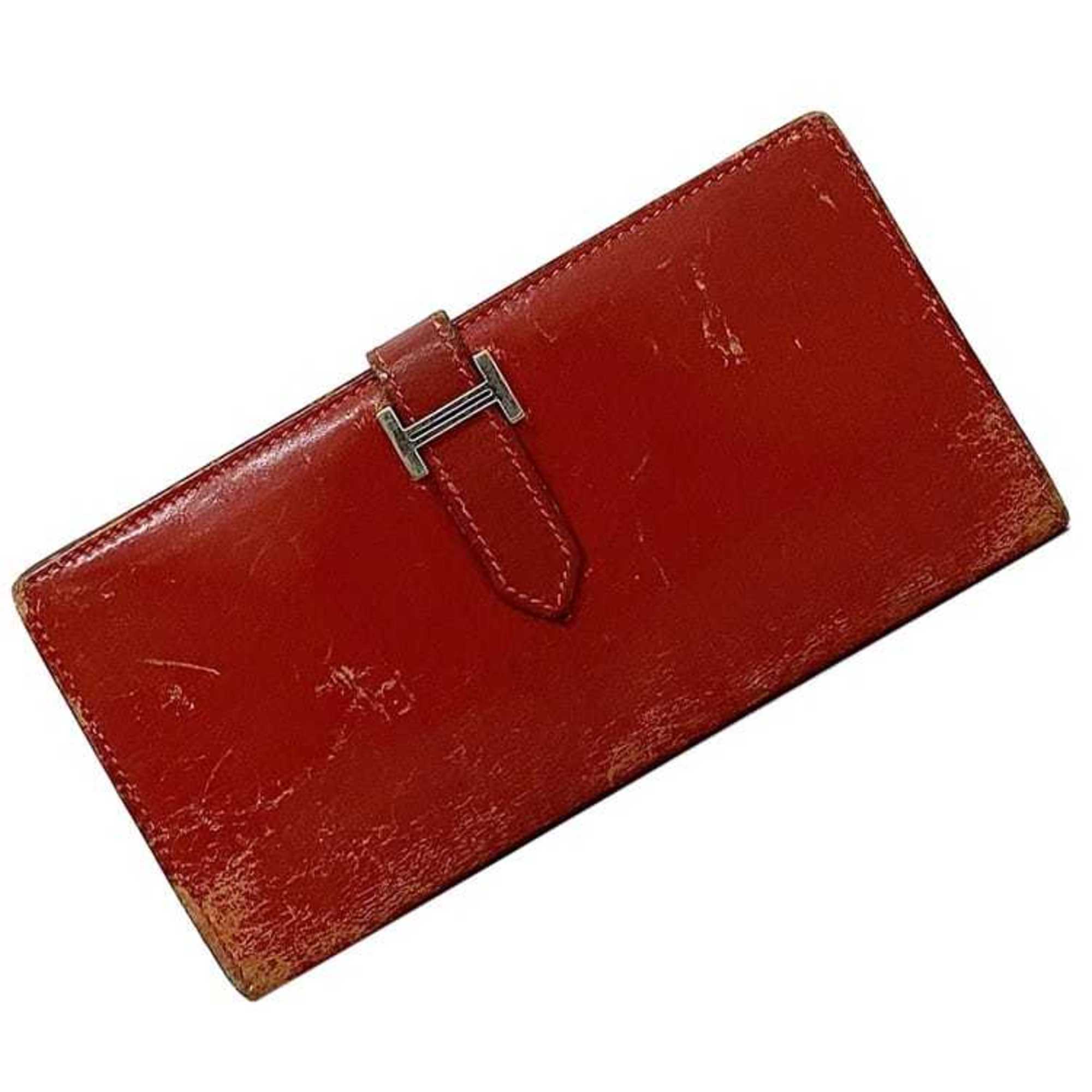 Hermes Red Color Leather Long Wallet (Bi-Fold) (Pre-Owned)