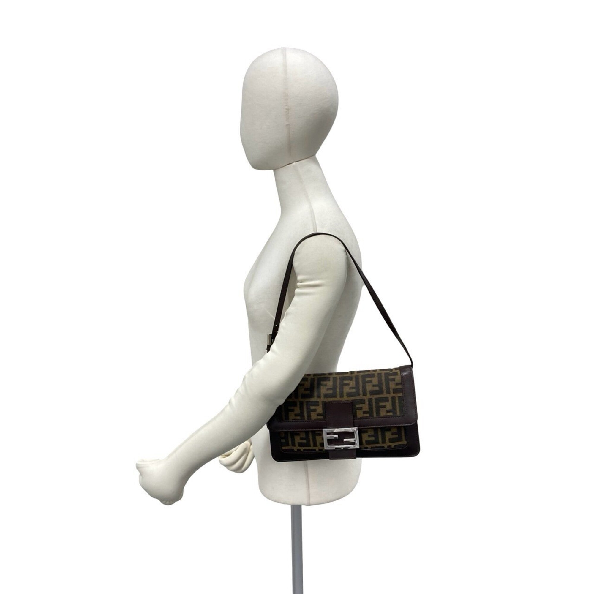 Fendi Black Brown Leather Canvas Shoulder Bag (Pre-Owned)