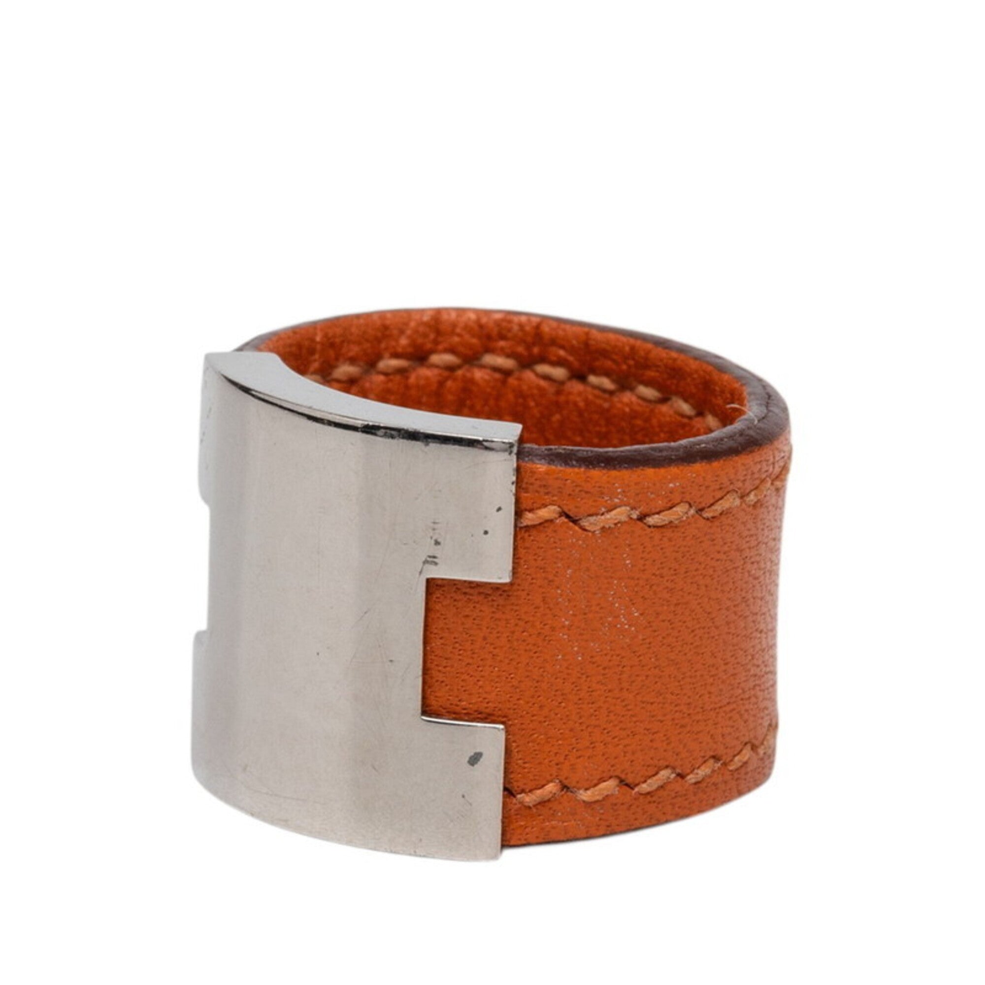 Hermes Silver Orange Leather Metal Band Ring (Pre-Owned)
