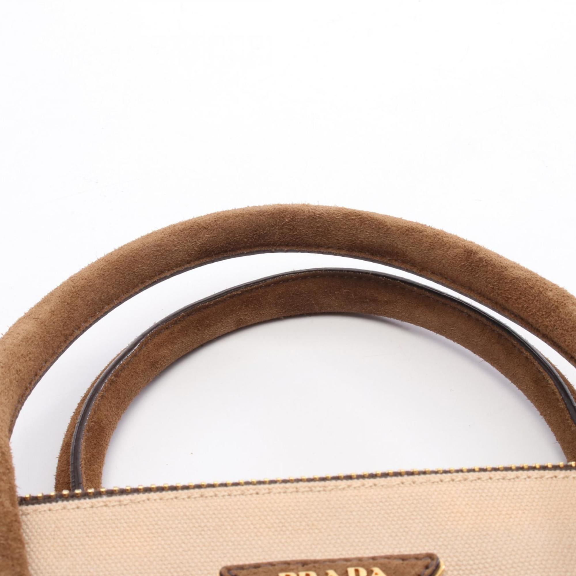 Prada Beige Brown Canvas Suede Handbag (Pre-Owned)