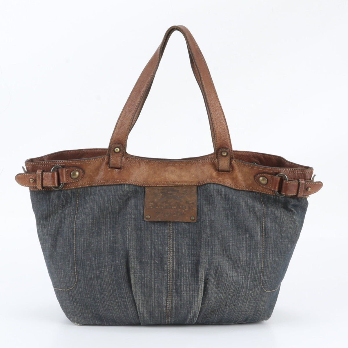 Burberry Dark Blue Leather Canvas Shoulder Bag Tote Bag (Pre-Owned)