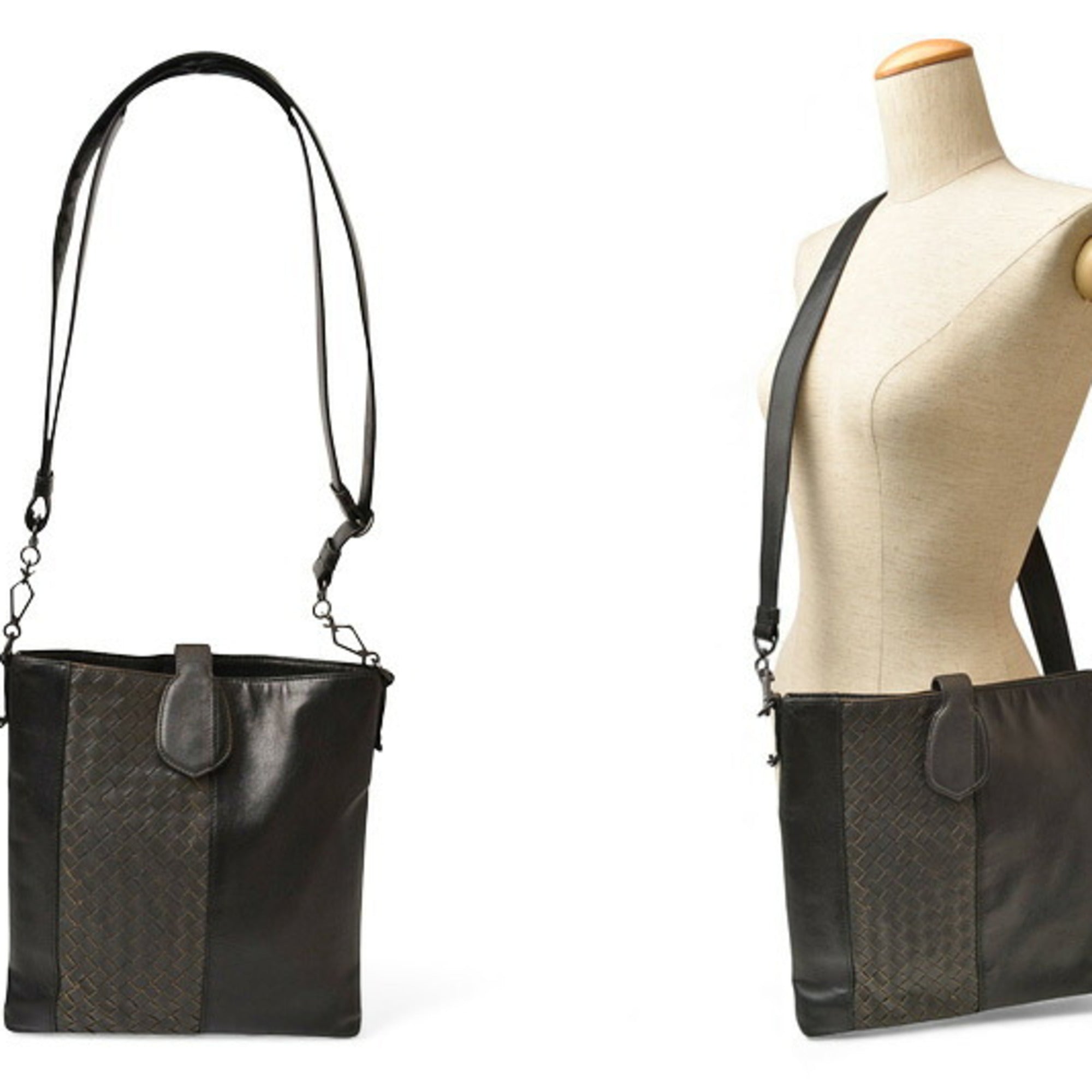 Bottega Veneta Black Gray Leather Messenger Bag Shoulder Bag (Pre-Owned)