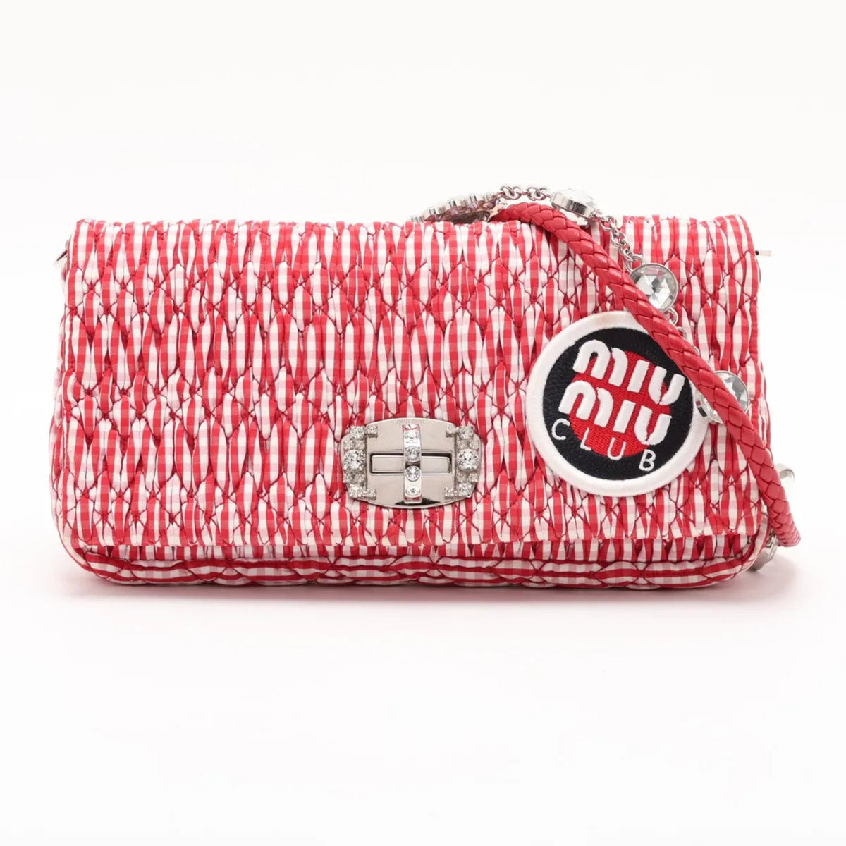 Miu Miu Red Color Leather Canvas Shoulder Bag Tote Bag (Pre-Owned)