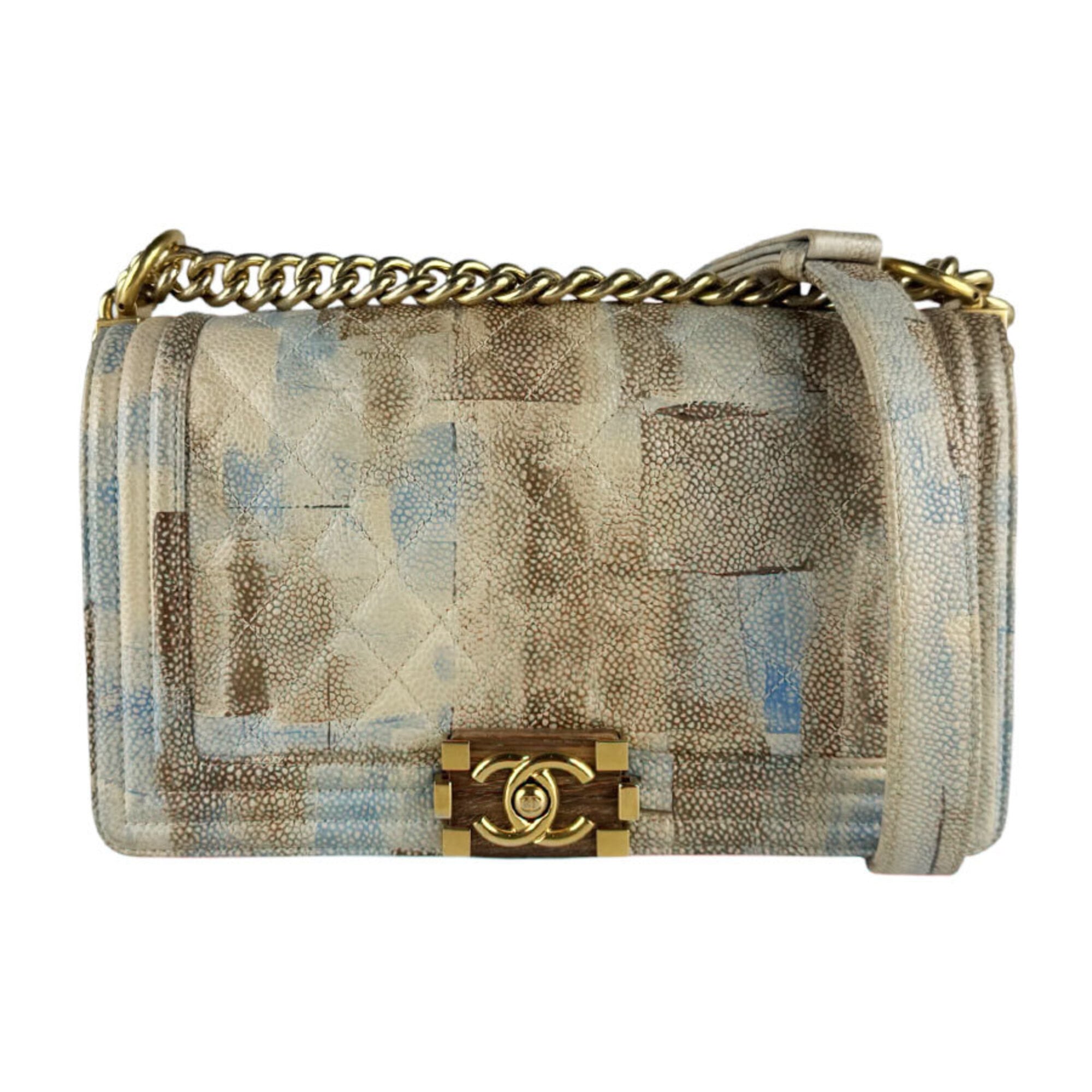 Chanel Beige Blue Brown Grained Calfskin Shoulder Bag (Pre-Owned)