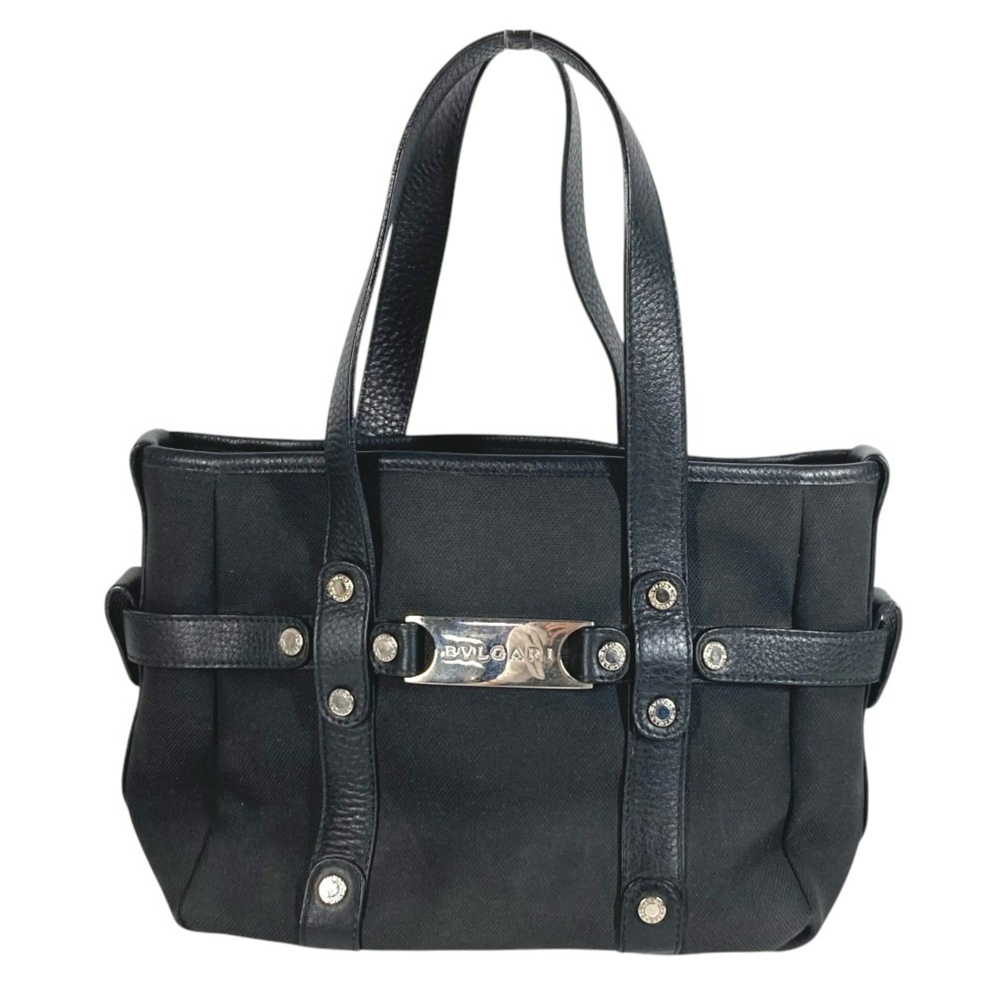 Bvlgari Black Leather Canvas Handbag Tote Bag (Pre-Owned)
