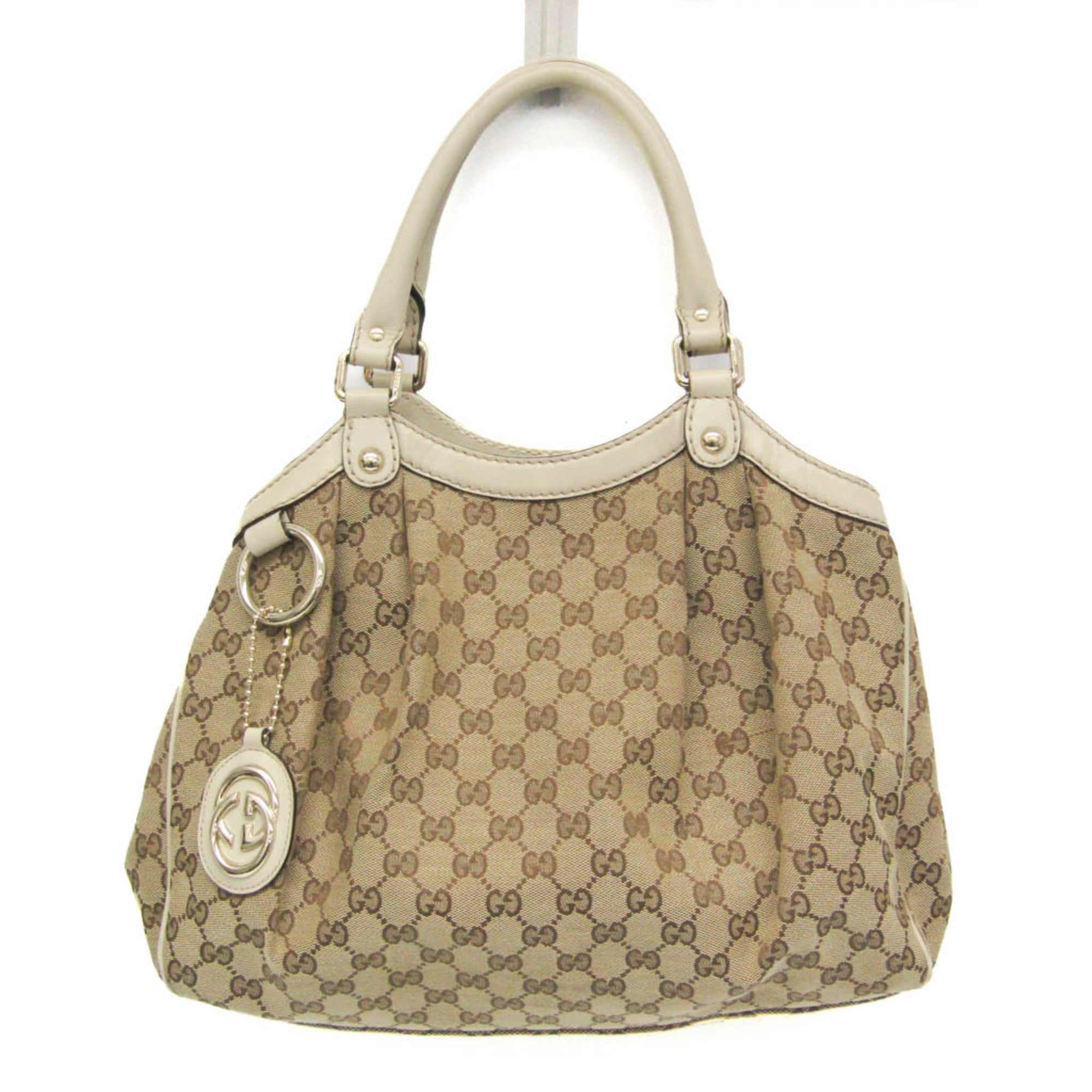 Gucci Beige Brown Cream Leather Canvas Handbag (Pre-Owned)