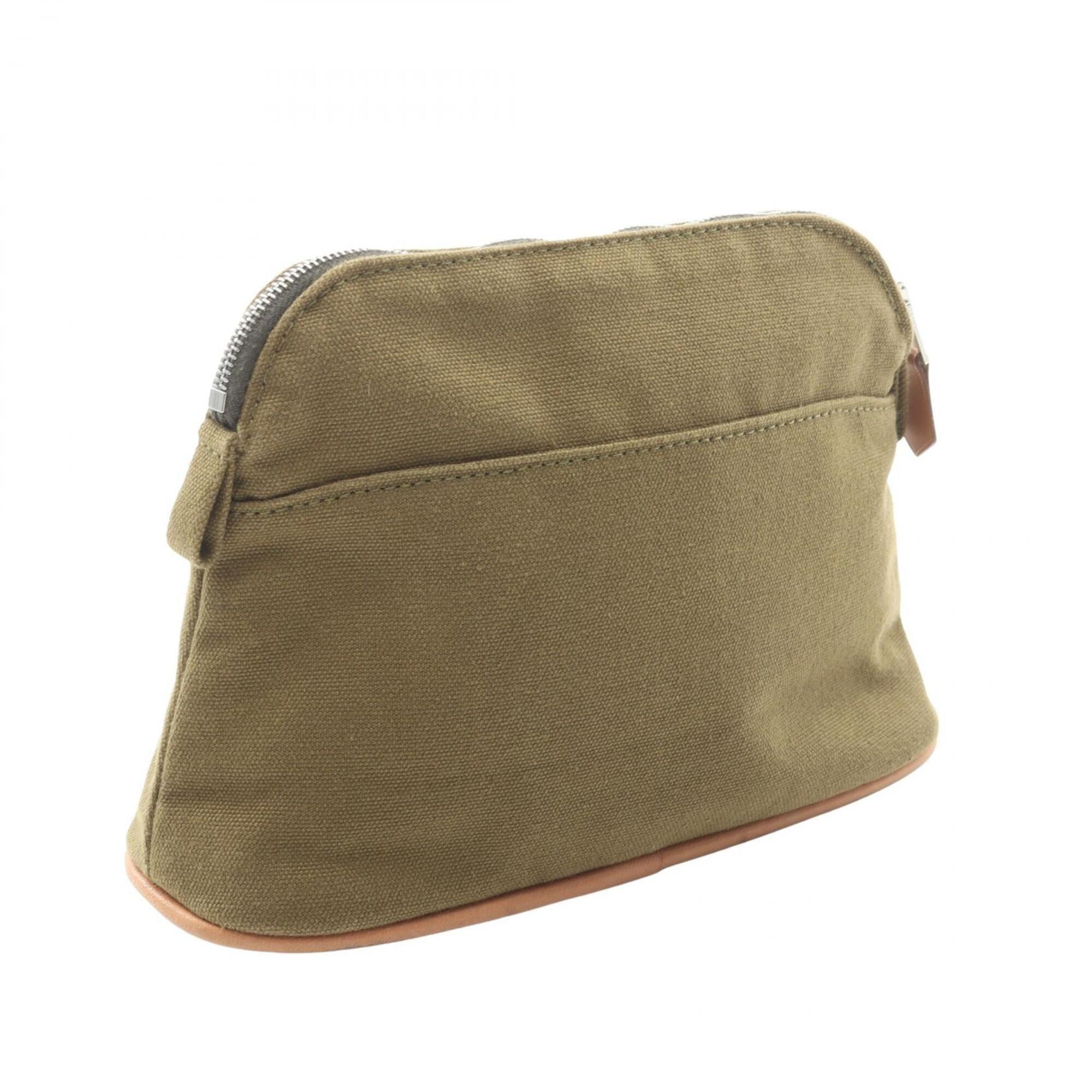 Hermes Khaki Canvas Leather Pouch (Pre-Owned)