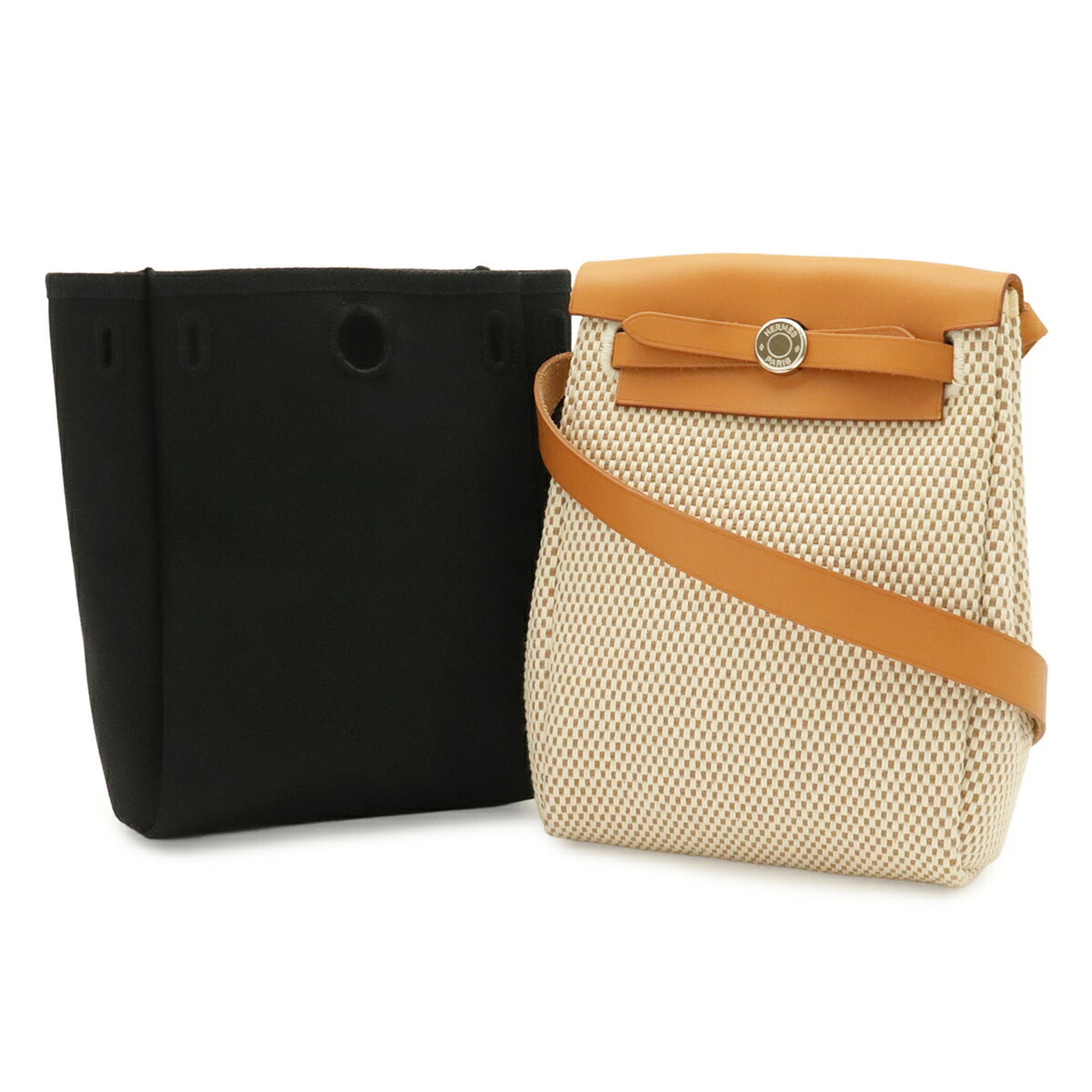 Hermes Black Light Brown Natural Toile Officier Leather Pochette Shoulder Bag (Pre-Owned)