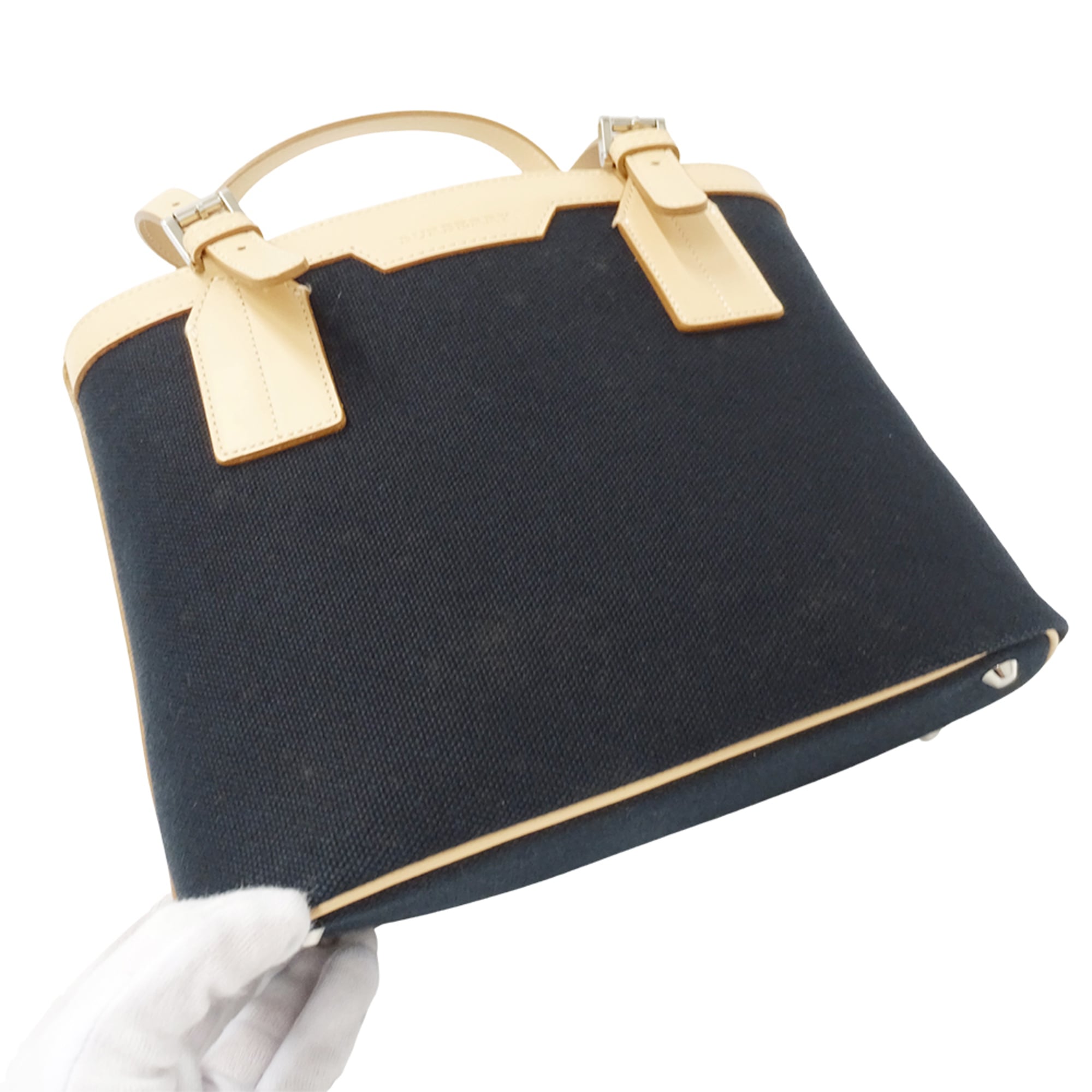 Burberry Beige Black Canvas Handbag Tote Bag (Pre-Owned)