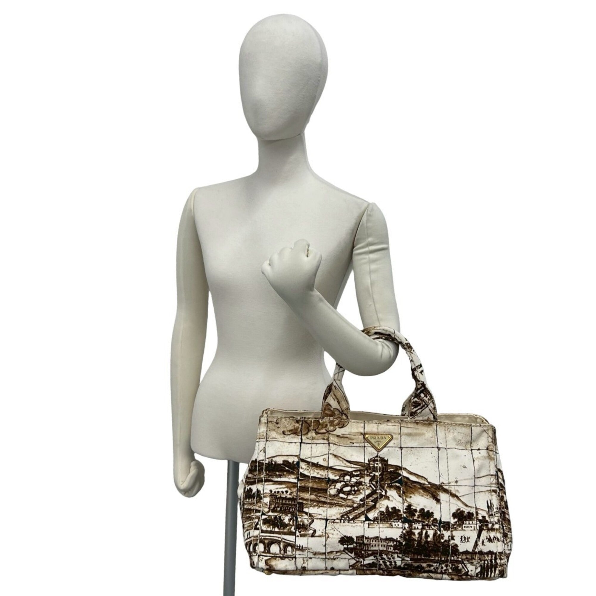Prada Brown Ivory Canvas Boston Bag Tote Bag (Pre-Owned)