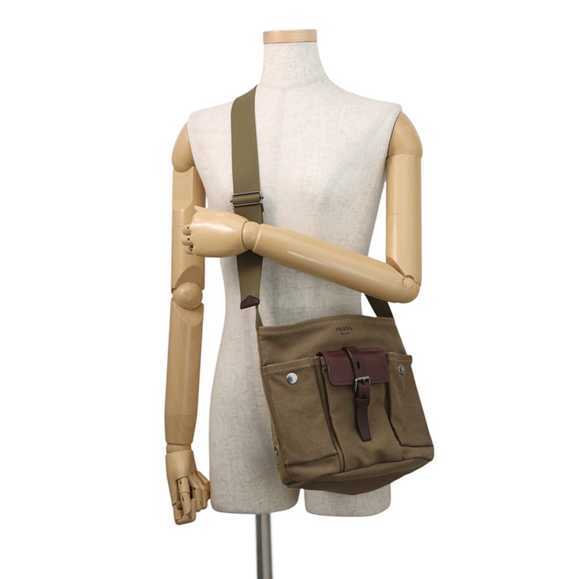 Prada Khaki Brown Canvas Leather Handbag Shoulder Bag (Pre-Owned)