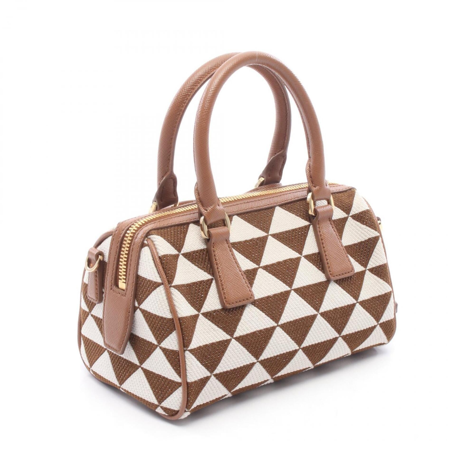 Prada Brown White Canvas Leather Handbag (Pre-Owned)