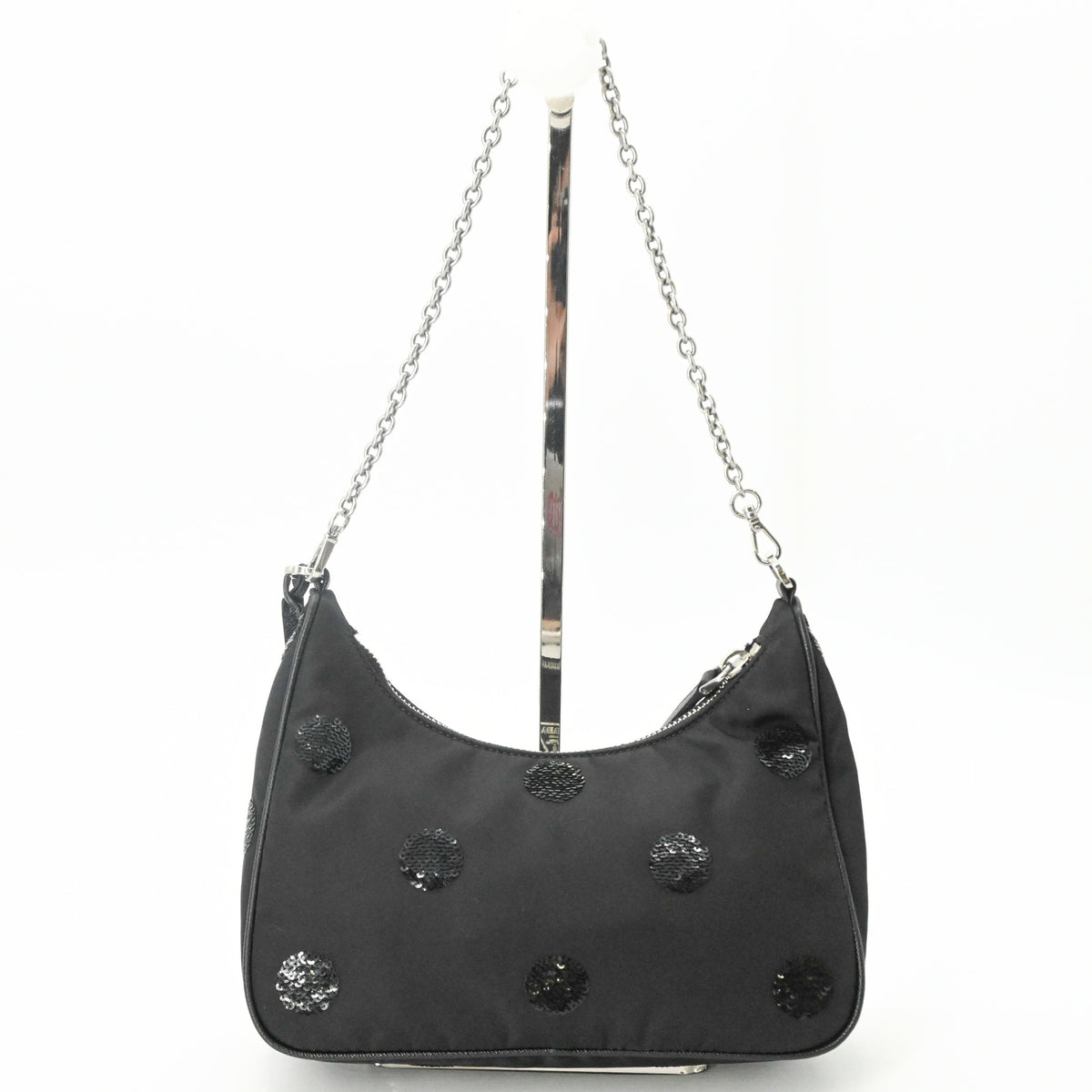 Prada Black Nylon Leather Spangles Handbag Shoulder Bag (Pre-Owned)