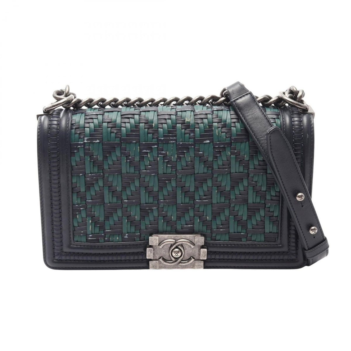 Chanel Green Navy Leather Handbag Shoulder Bag (Pre-Owned)