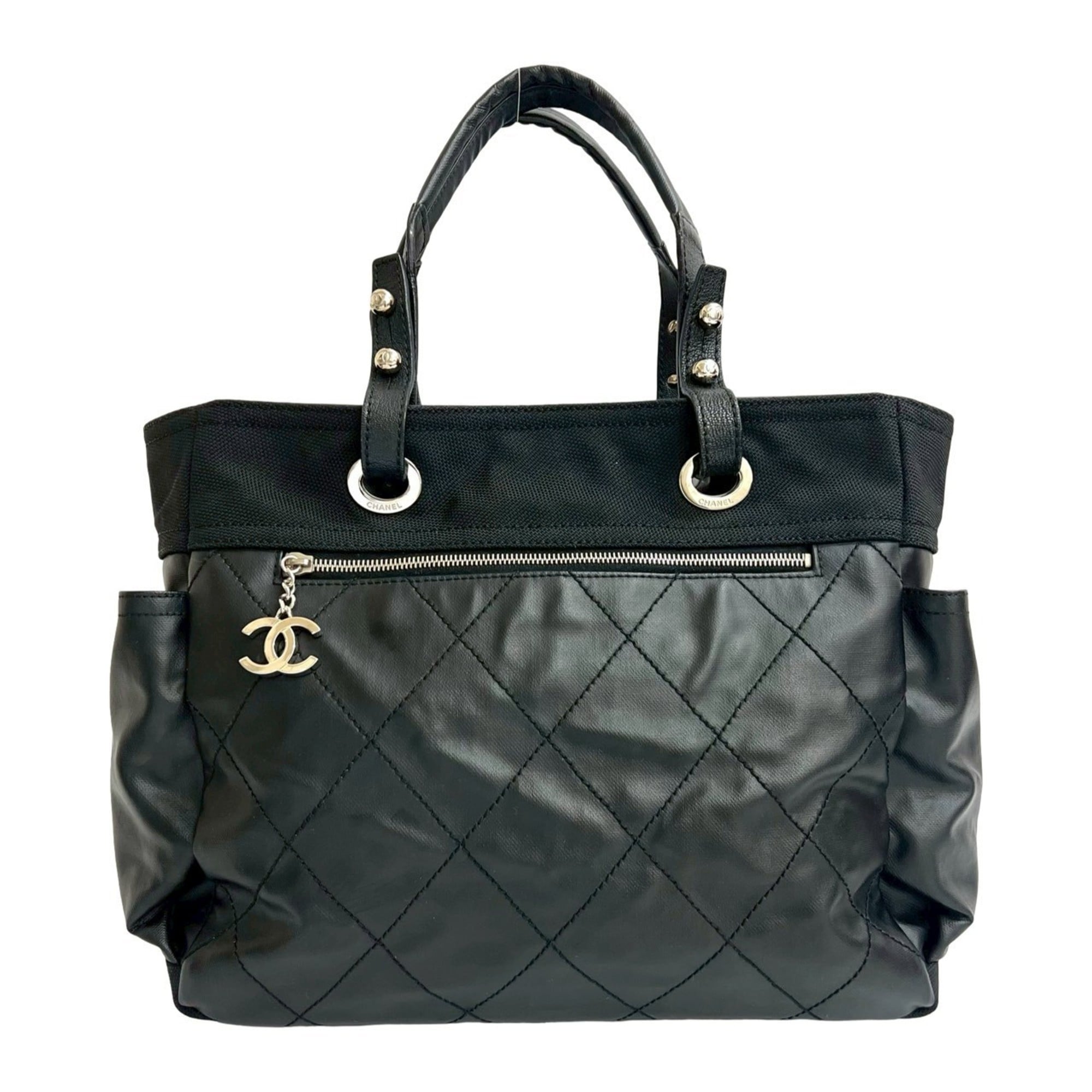 Chanel Black Leather Canvas Handbag Pouch Tote Bag (Pre-Owned)