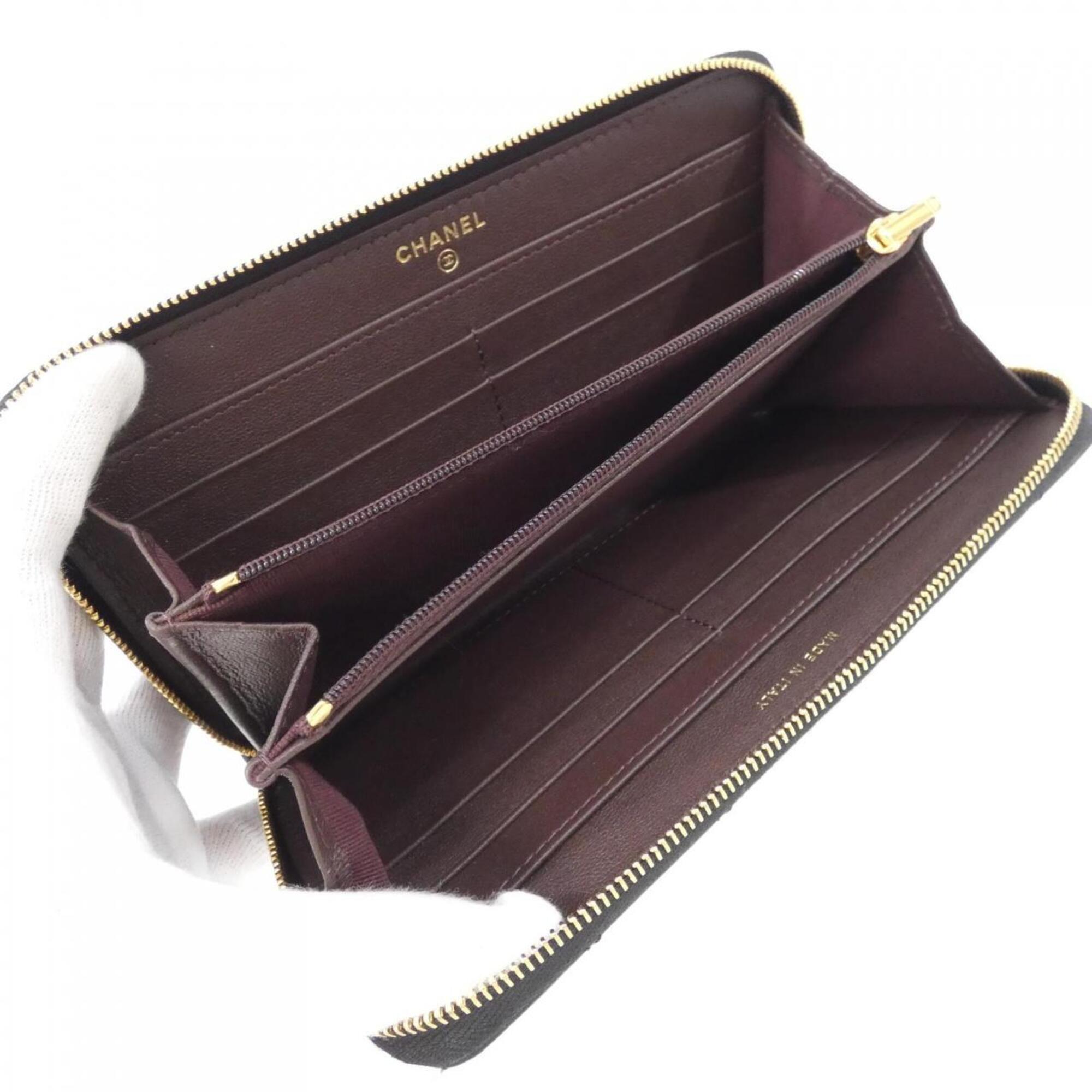 Chanel Black Bordeaux Leather Long Wallet (Bi-Fold) (Pre-Owned)