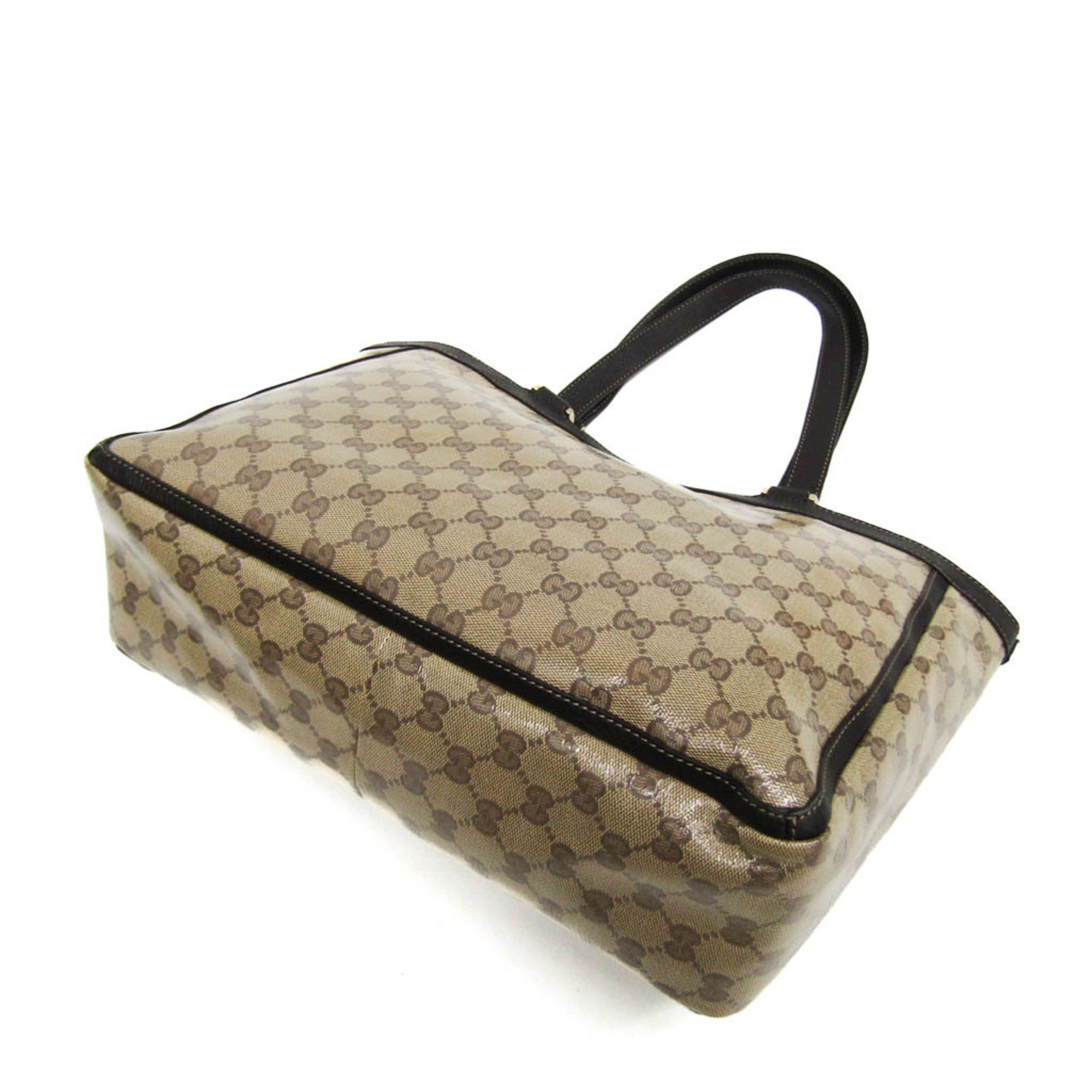 Gucci Gg Crystal Beige Dark Brown Leather Pvc Tote Bag (Pre-Owned)