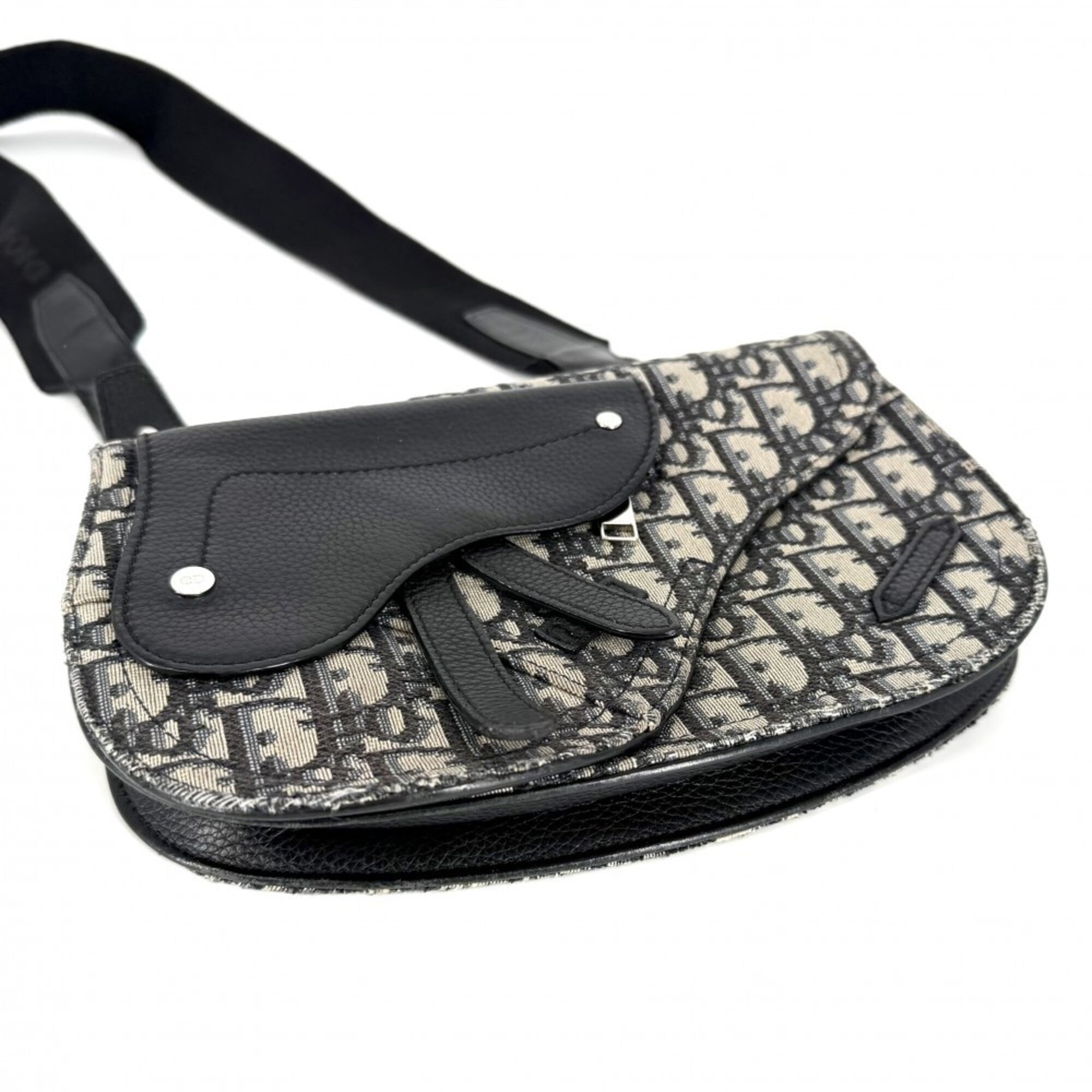 Christian Dior Beige Black White Leather Canvas Messenger Bag Saddle Bag Shoulder Bag (Pre-Owned)