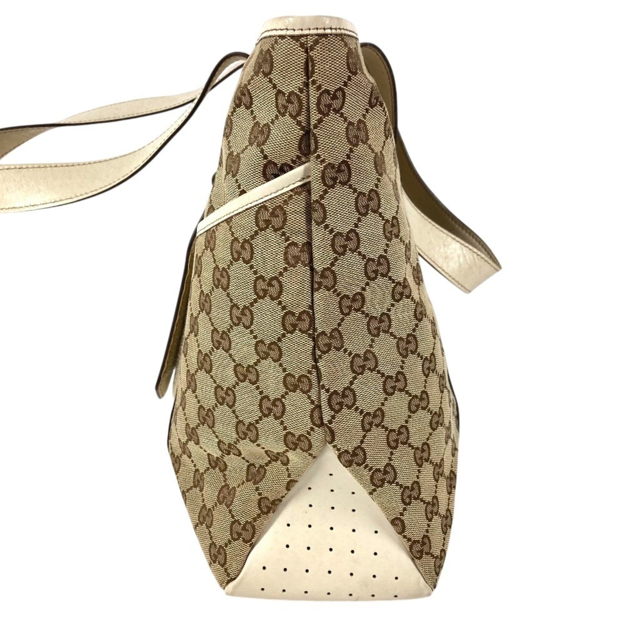 Gucci Beige White Gg Canvas Leather Shoulder Bag Tote Bag (Pre-Owned)