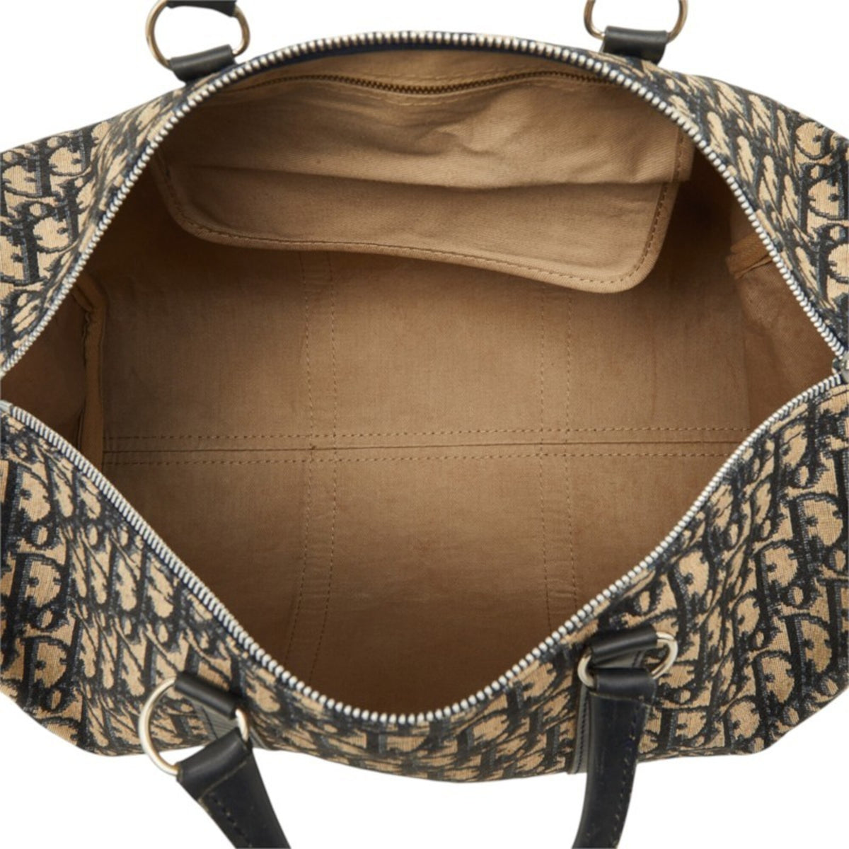 Christian Dior Beige Navy Canvas Leather Boston Bag Handbag (Pre-Owned)