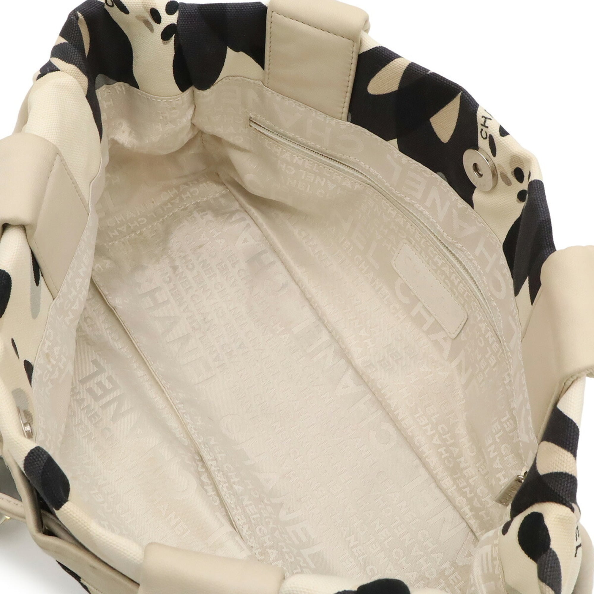 Chanel Black Gray Ivory Canvas Shoulder Bag Tote Bag (Pre-Owned)