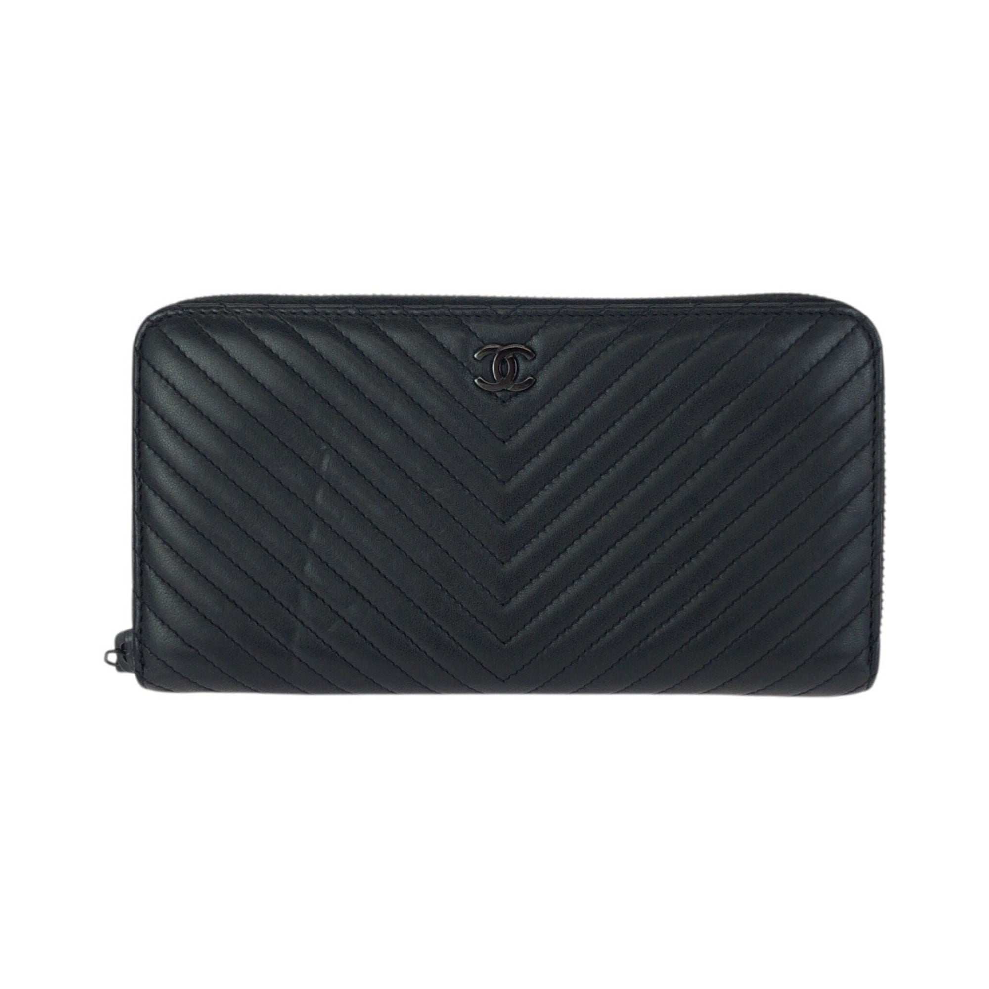 Chanel Black Leather Long Wallet (Bi-Fold) (Pre-Owned)