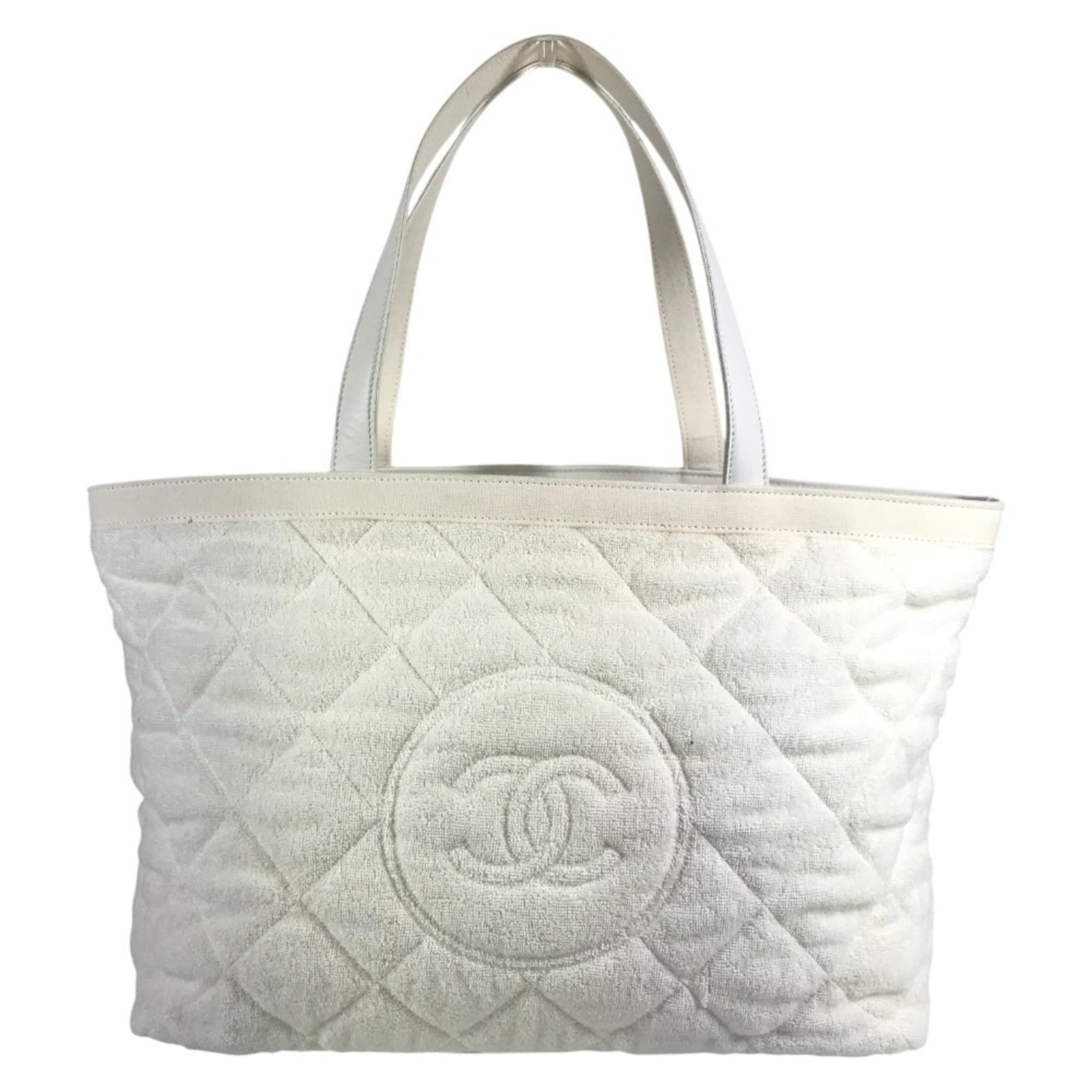 Chanel White Yellow Cotton Leather Beach Bag Shoulder Bag Tote Bag (Pre-Owned)