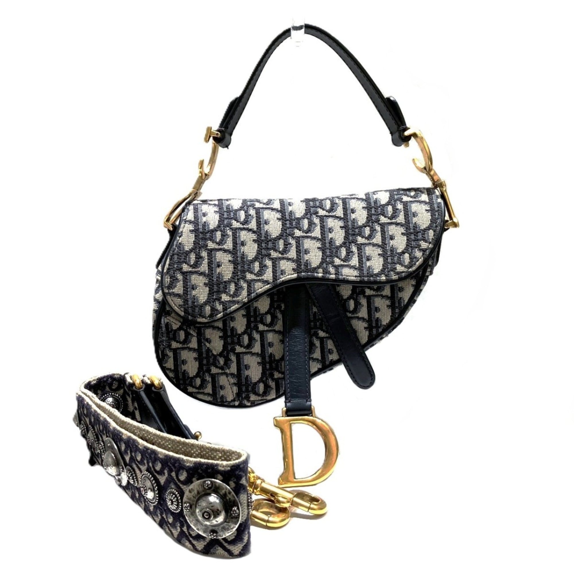 Christian Dior Navy Cotton Leather Handbag Saddle Bag (Pre-Owned)