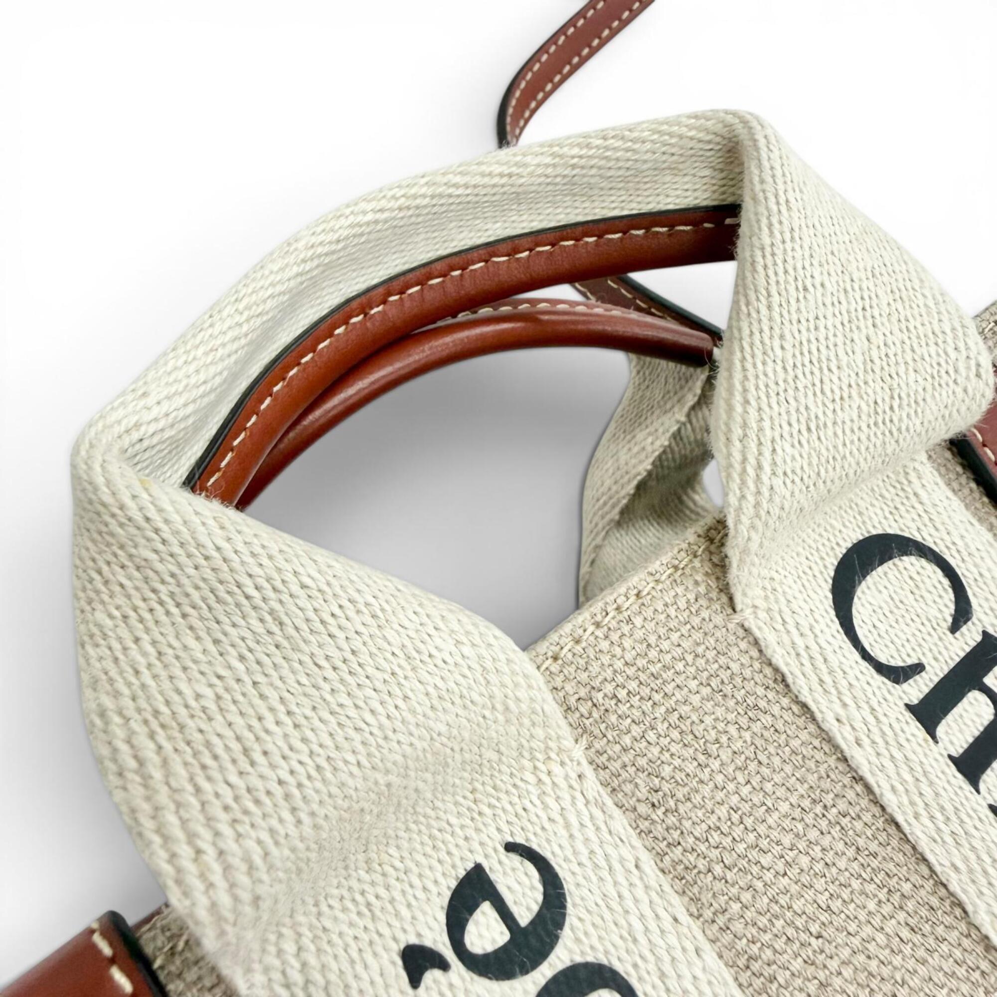 Chloé Beige Brown Linen Leather Shoulder Bag Tote Bag (Pre-Owned)