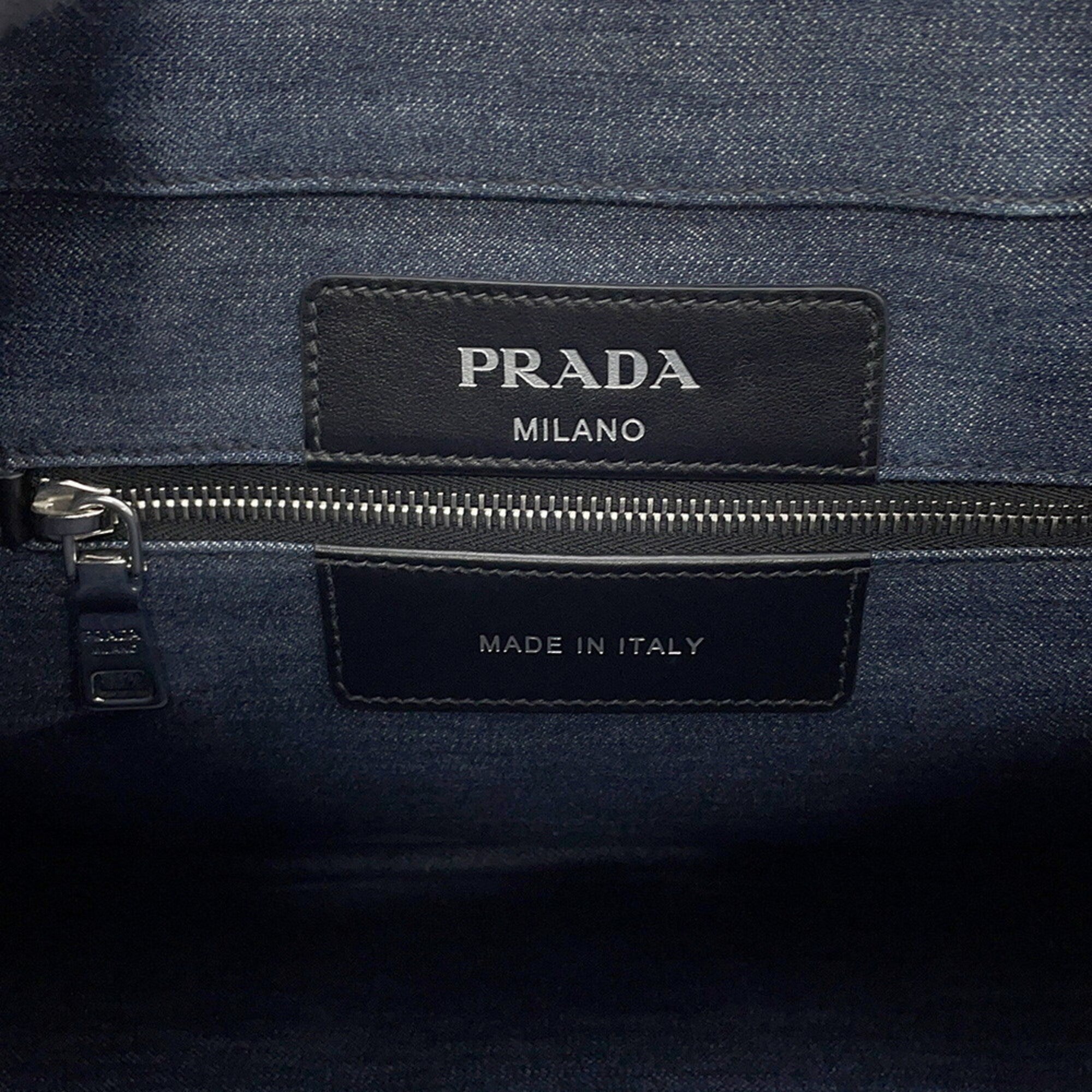 Prada Black Blue Cotton Leather Shoulder Bag Tote Bag (Pre-Owned)