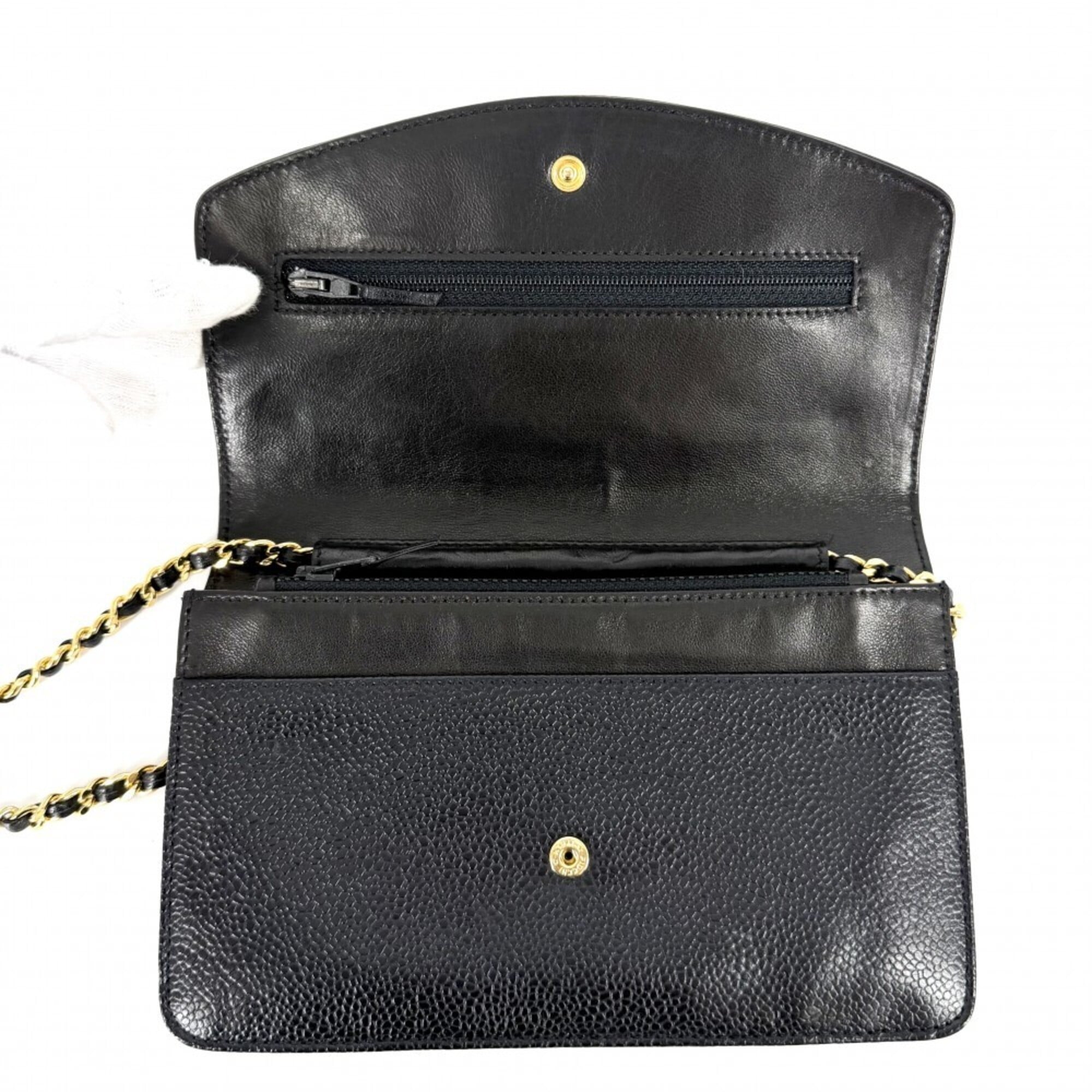 Chanel Black White Grained Calfskin Chain/Shoulder Wallet (Pre-Owned)