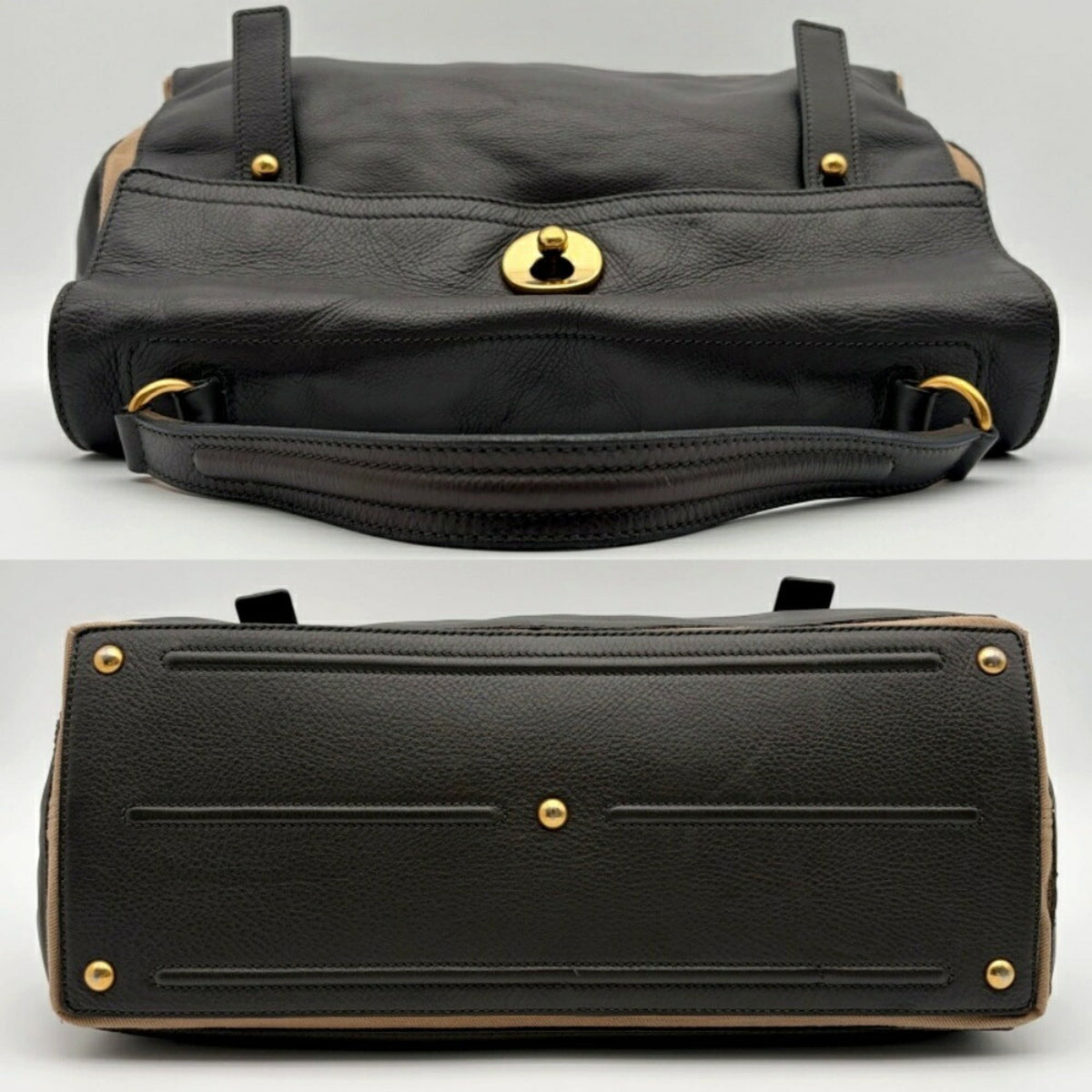 Yves Saint Laurent Beige Dark Brown Leather Canvas Handbag Shoulder Bag (Pre-Owned)
