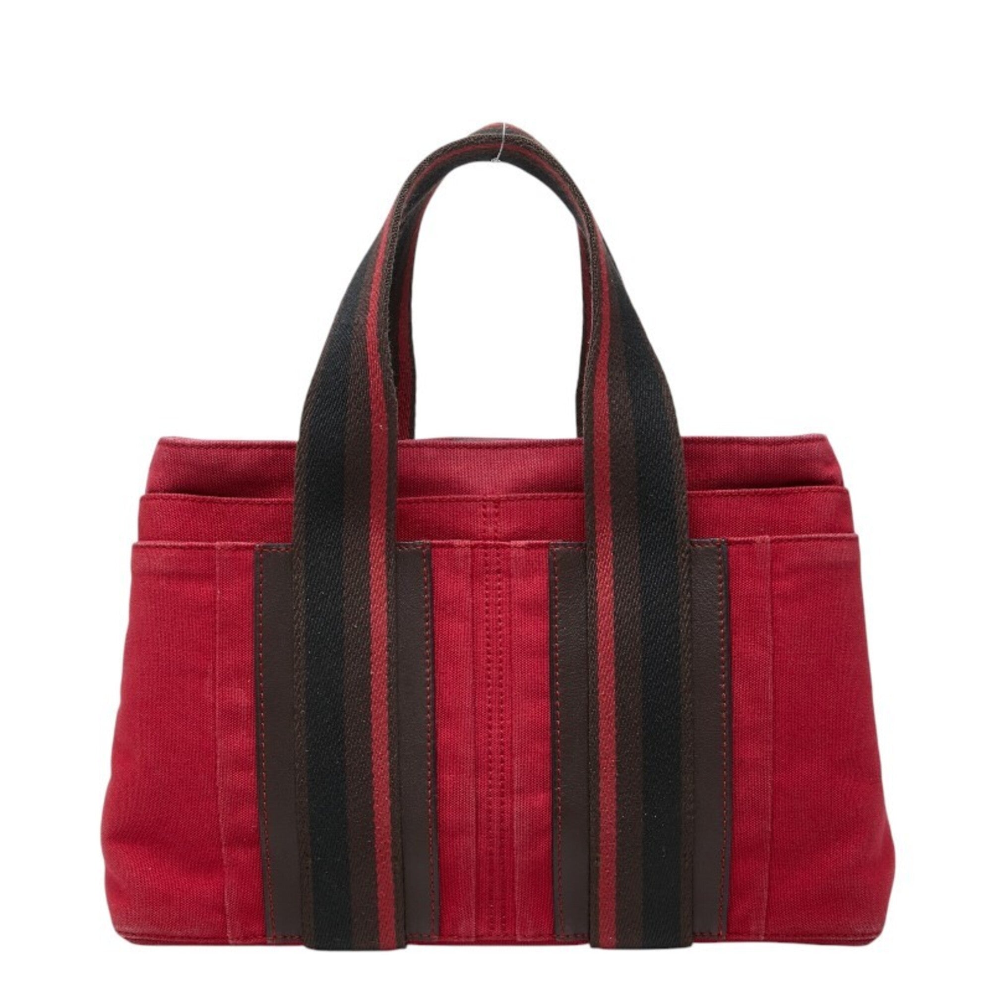Hermes Brown Red Color Canvas Leather Handbag Tote Bag (Pre-Owned)