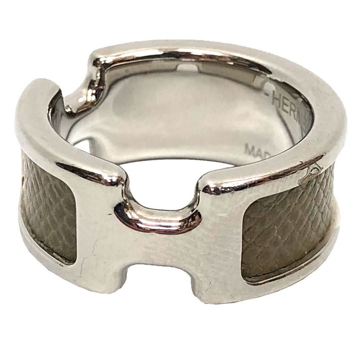 Hermes Silver Etoupe Gray Leather Metal Band Ring (Pre-Owned)