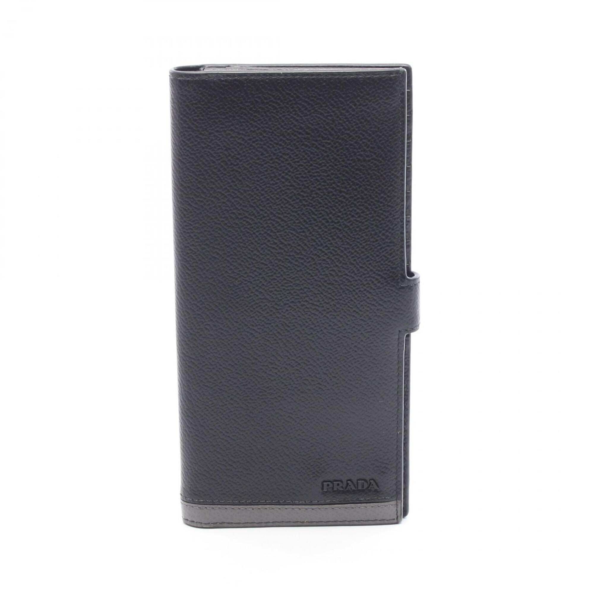 Prada Black Gray Leather Long Wallet (Bi-Fold) (Pre-Owned)