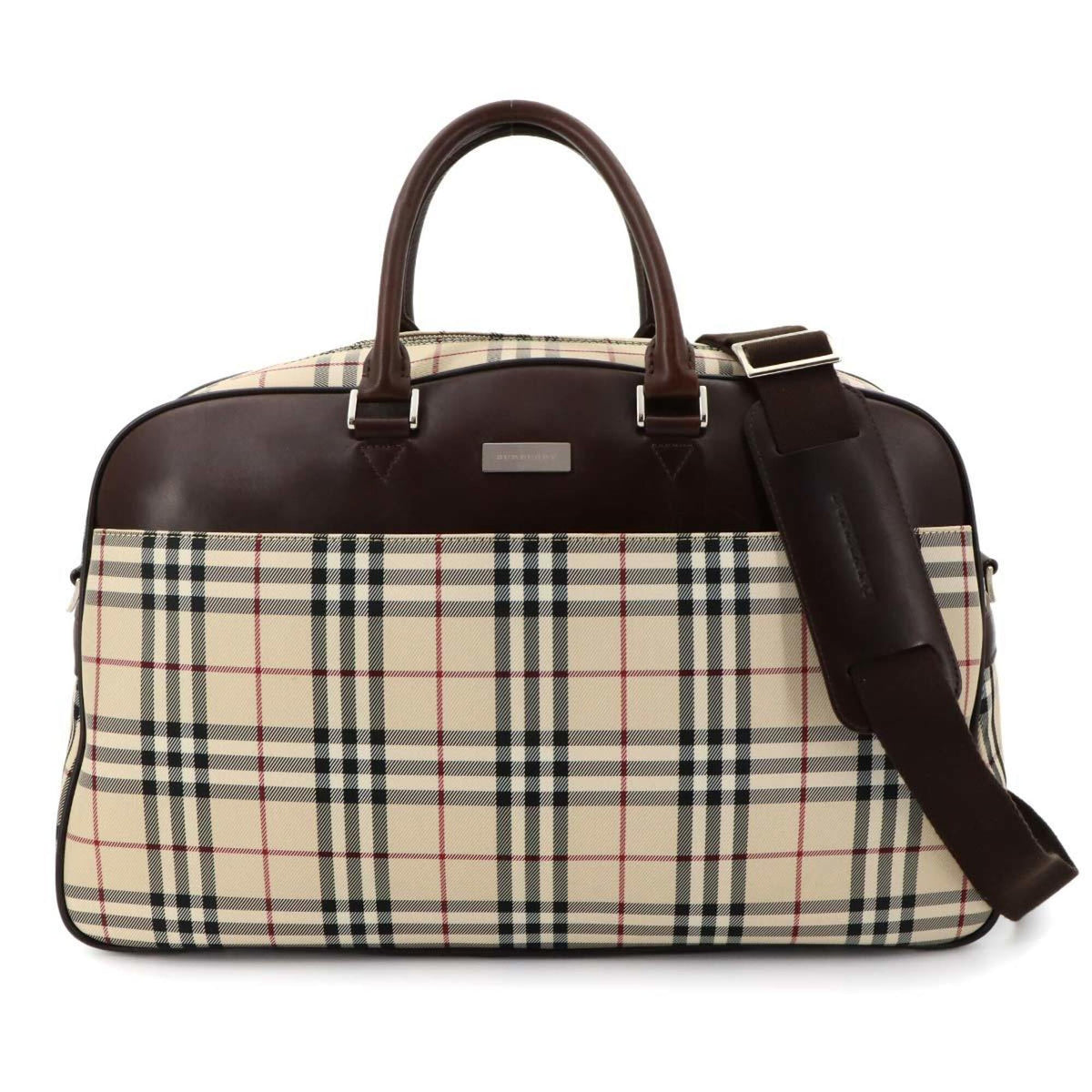 Burberry Beige Brown Canvas Leather Boston Bag Handbag (Pre-Owned)