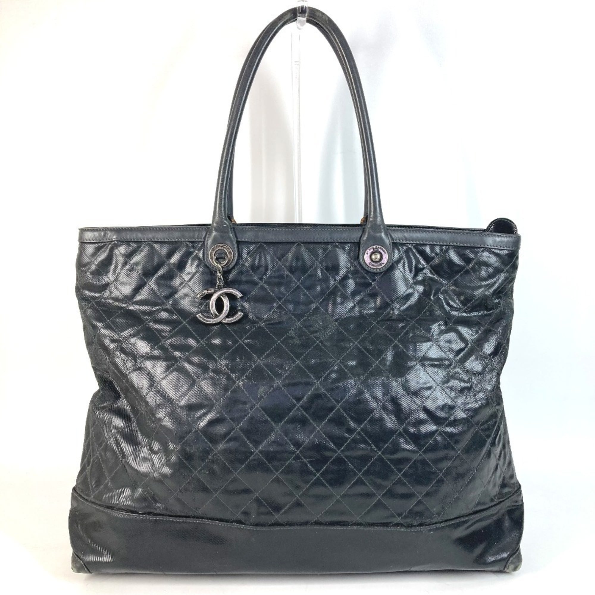 Chanel Matelasse Black Coated Canvas Leather Boston Bag Shoulder Bag Tote Bag (Pre-Owned)
