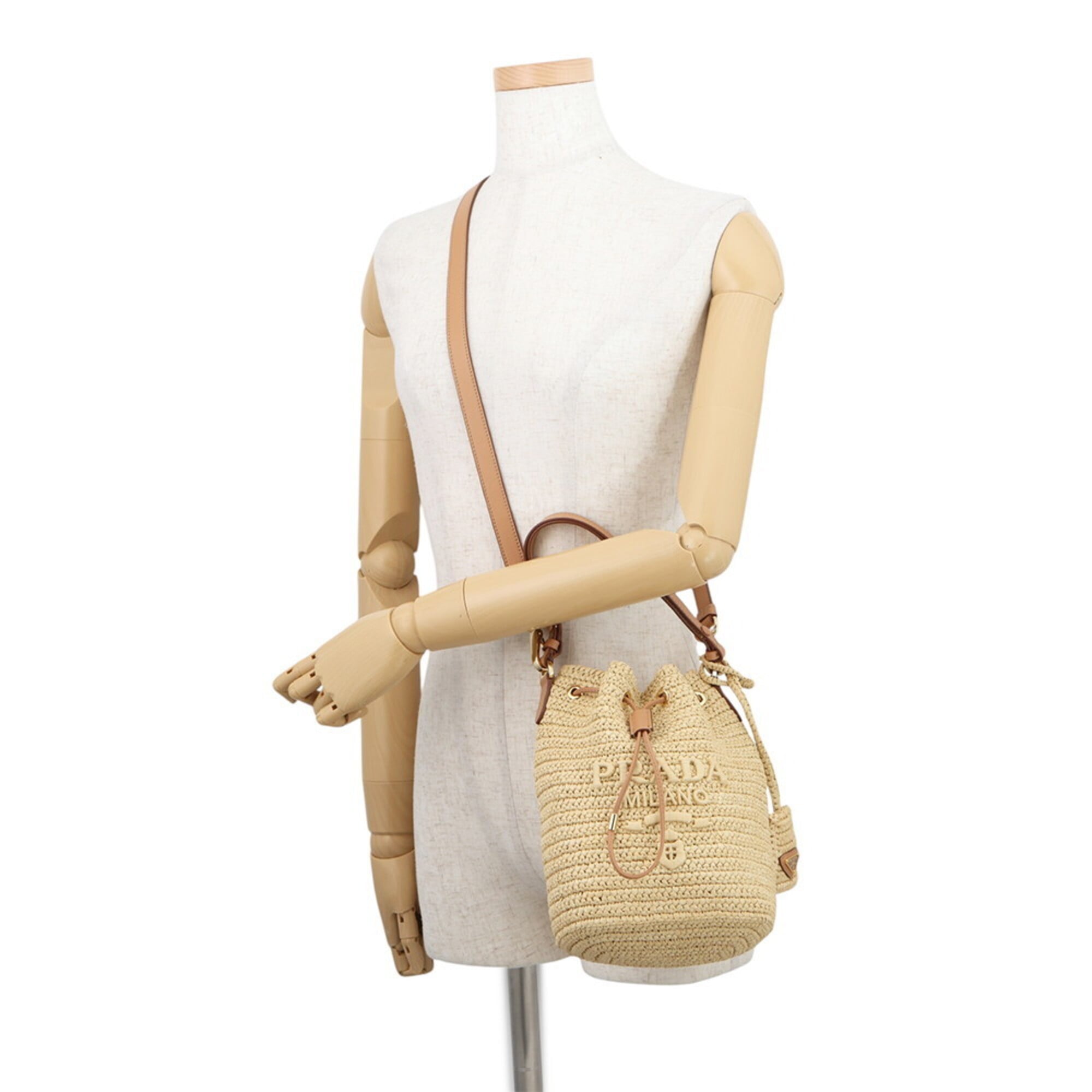 Prada Beige Light Brown Raffia Leather Handbag Shoulder Bag (Pre-Owned)