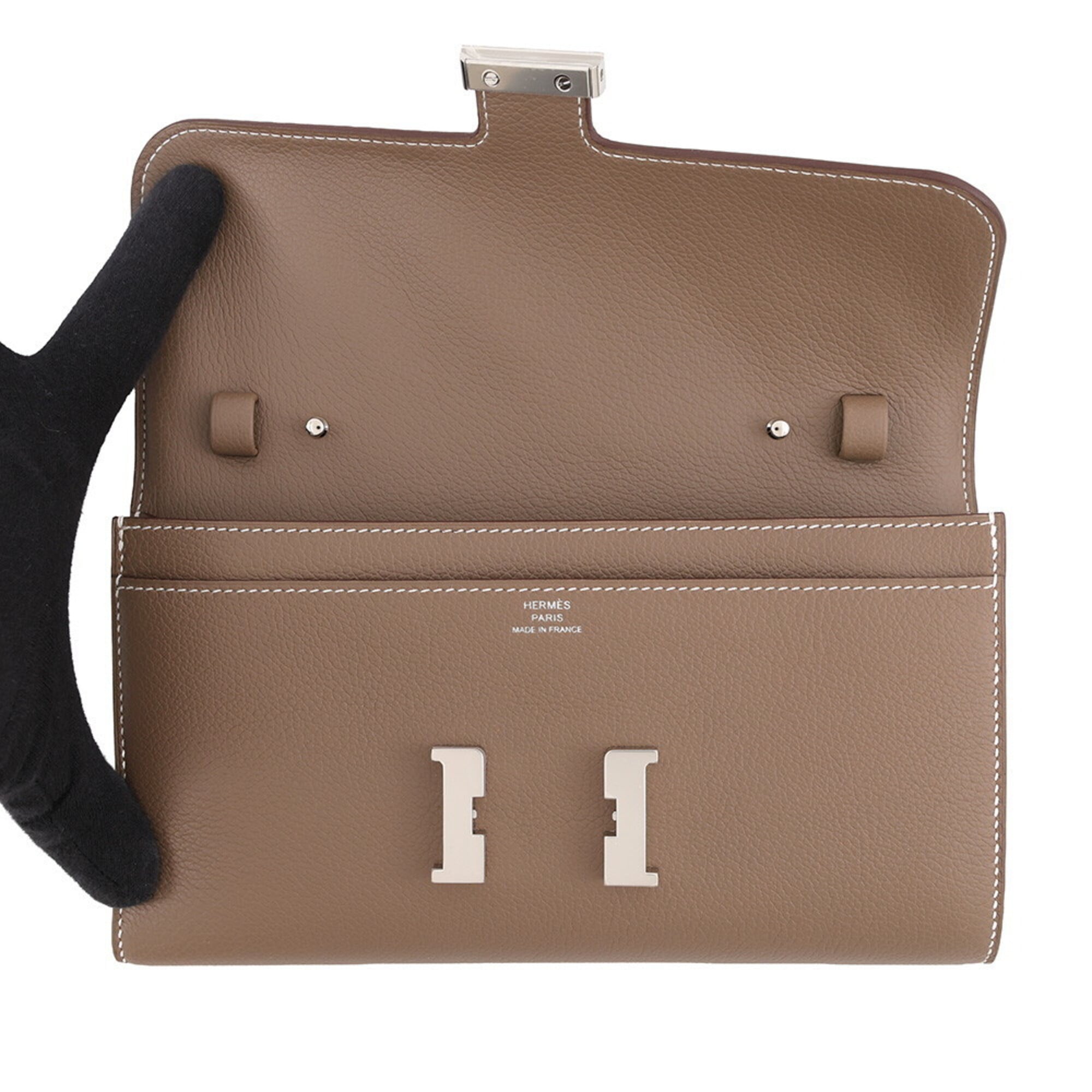 Hermes Constance Etoupe Gray Evercalf Leather Chain/Shoulder Wallet (Pre-Owned)